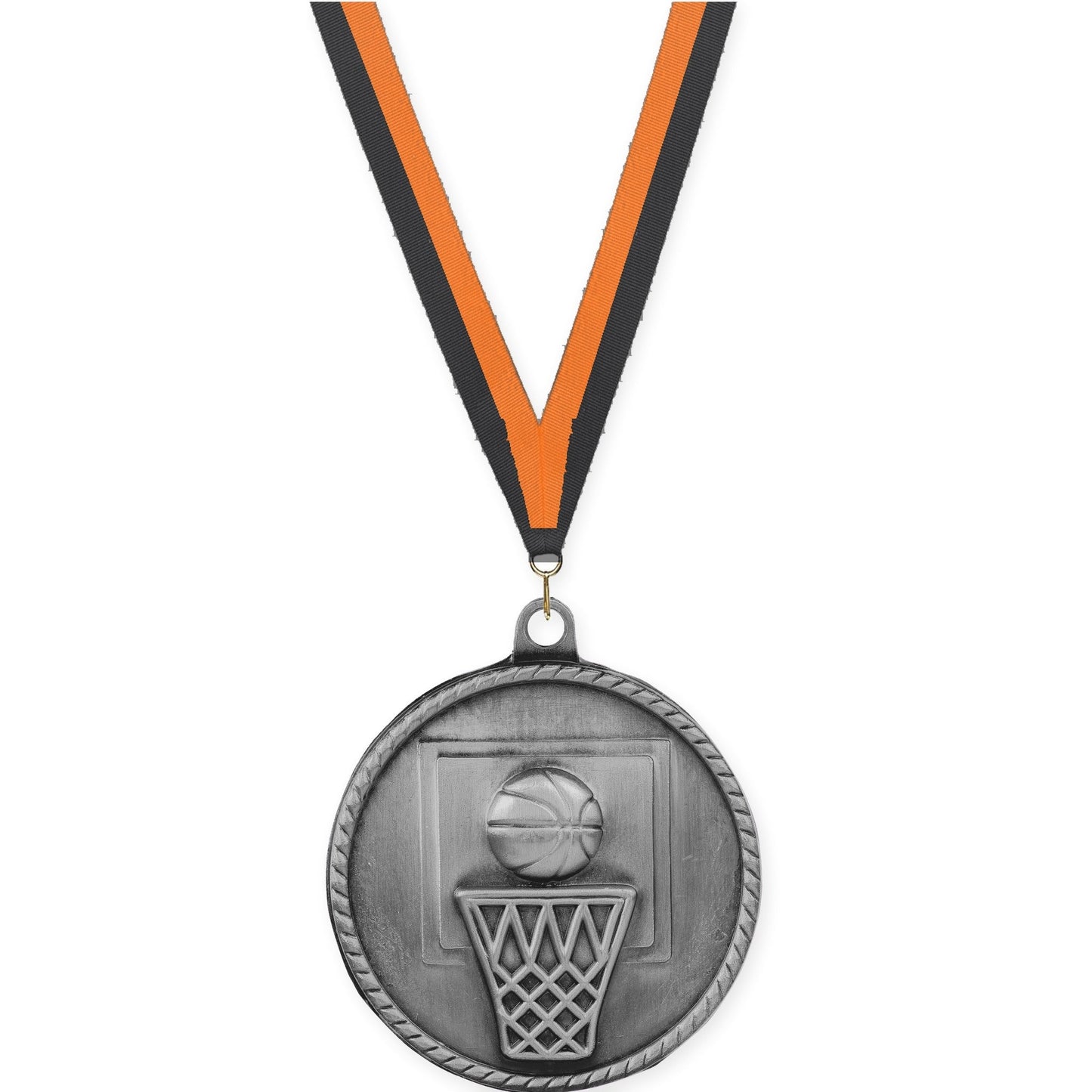 2 inch basketball High Relief medal in antique silver with Black Orange neck ribbon