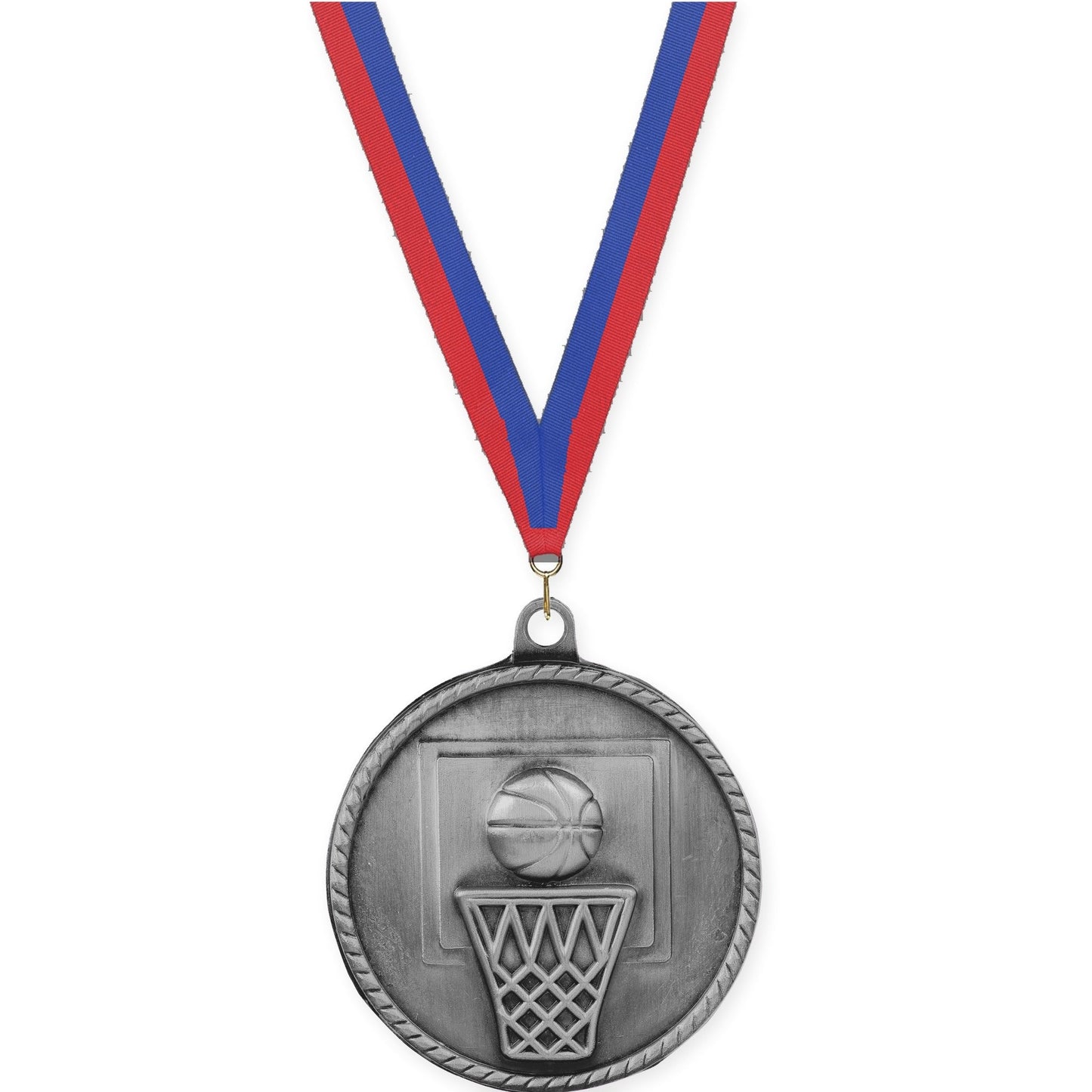 2 inch basketball High Relief medal in antique silver with Blue Red neck ribbon