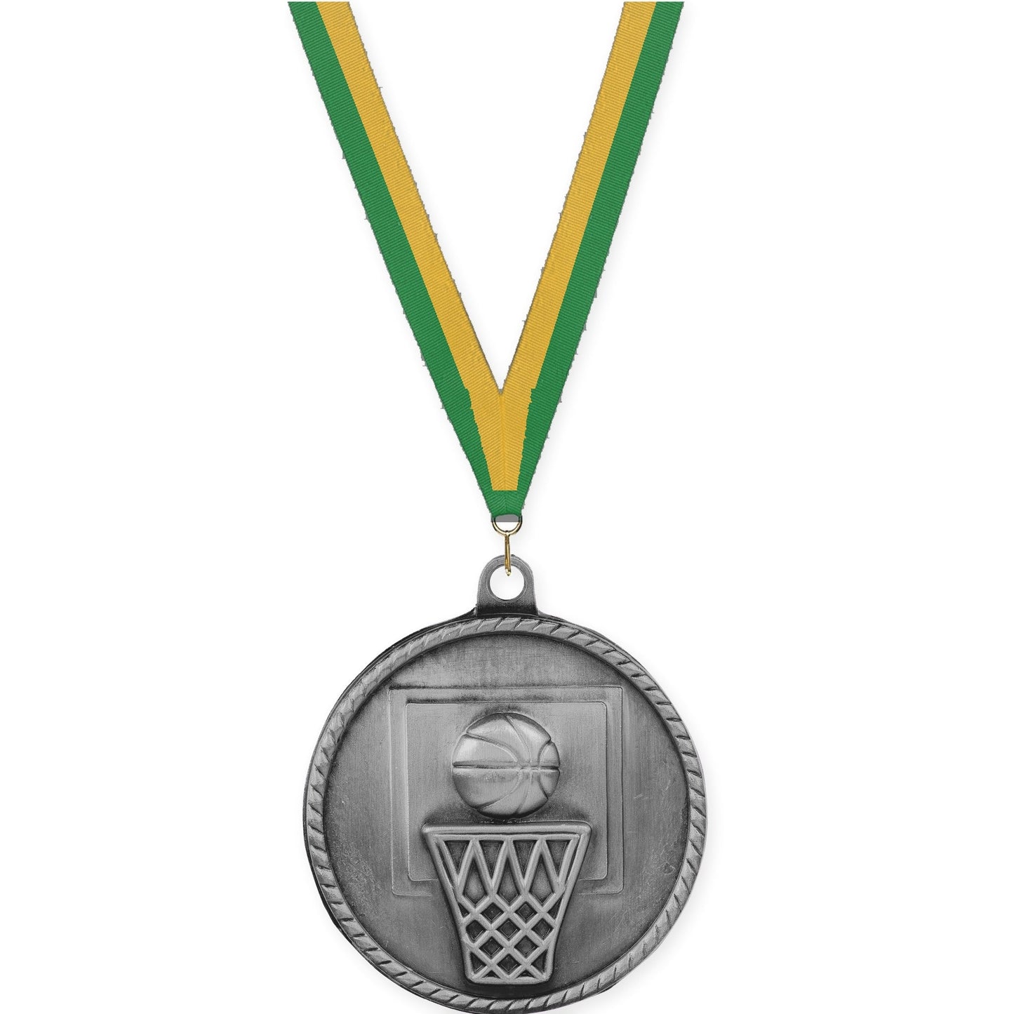 2 inch basketball High Relief medal in antique silver with Green Gold neck ribbon