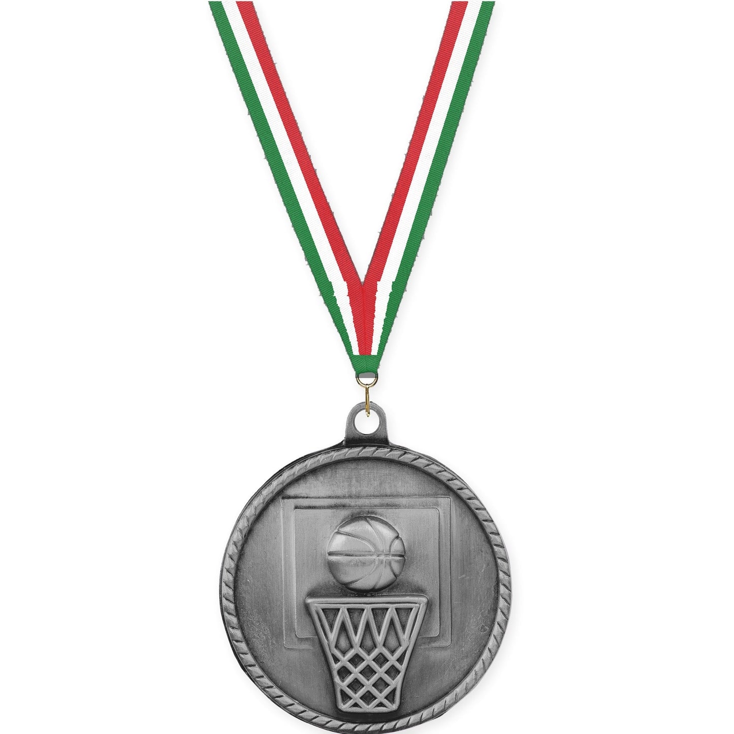2 inch basketball High Relief medal in antique silver with Green White Red neck ribbon