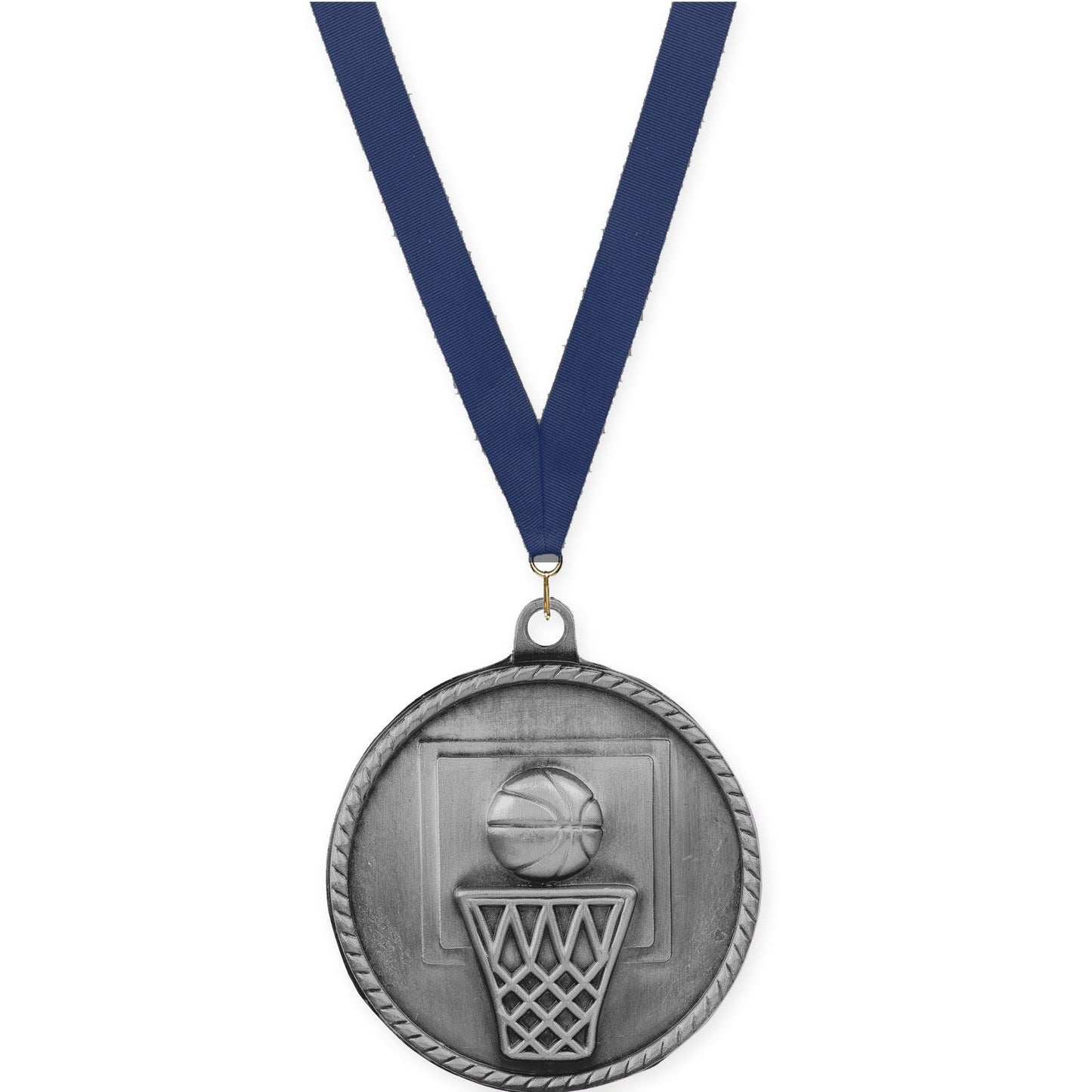 2 inch basketball High Relief medal in antique silver with Navy neck ribbon