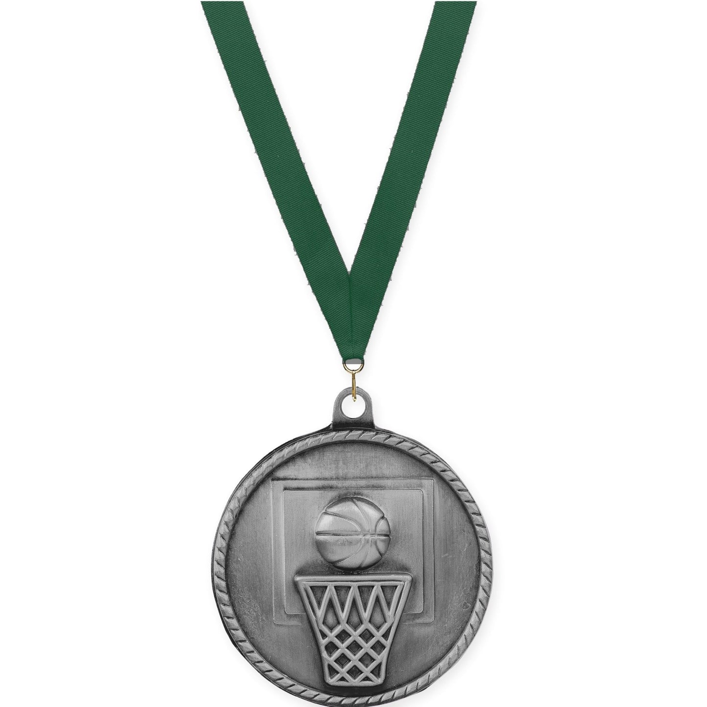 2 inch basketball High Relief medal in antique silver with Hunter Green neck ribbon