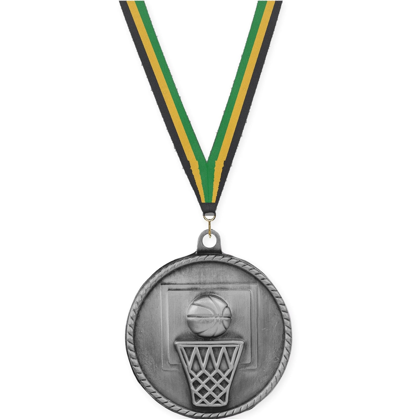 2 inch basketball High Relief medal in antique silver with Black Gold Green neck ribbon