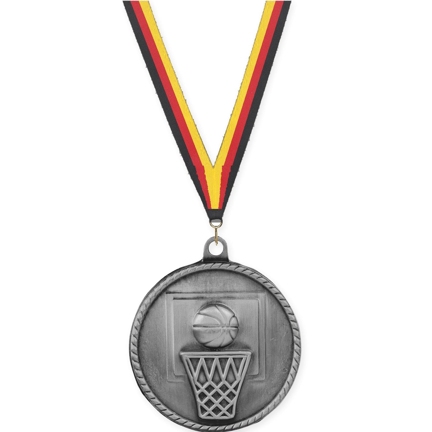 2 inch basketball High Relief medal in antique silver with Black Red Yellow neck ribbon