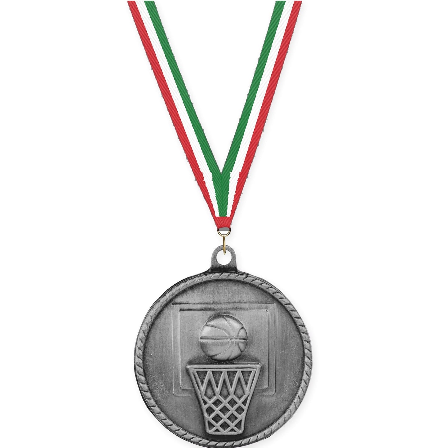 2 inch basketball High Relief medal in antique silver with Red White Green neck ribbon