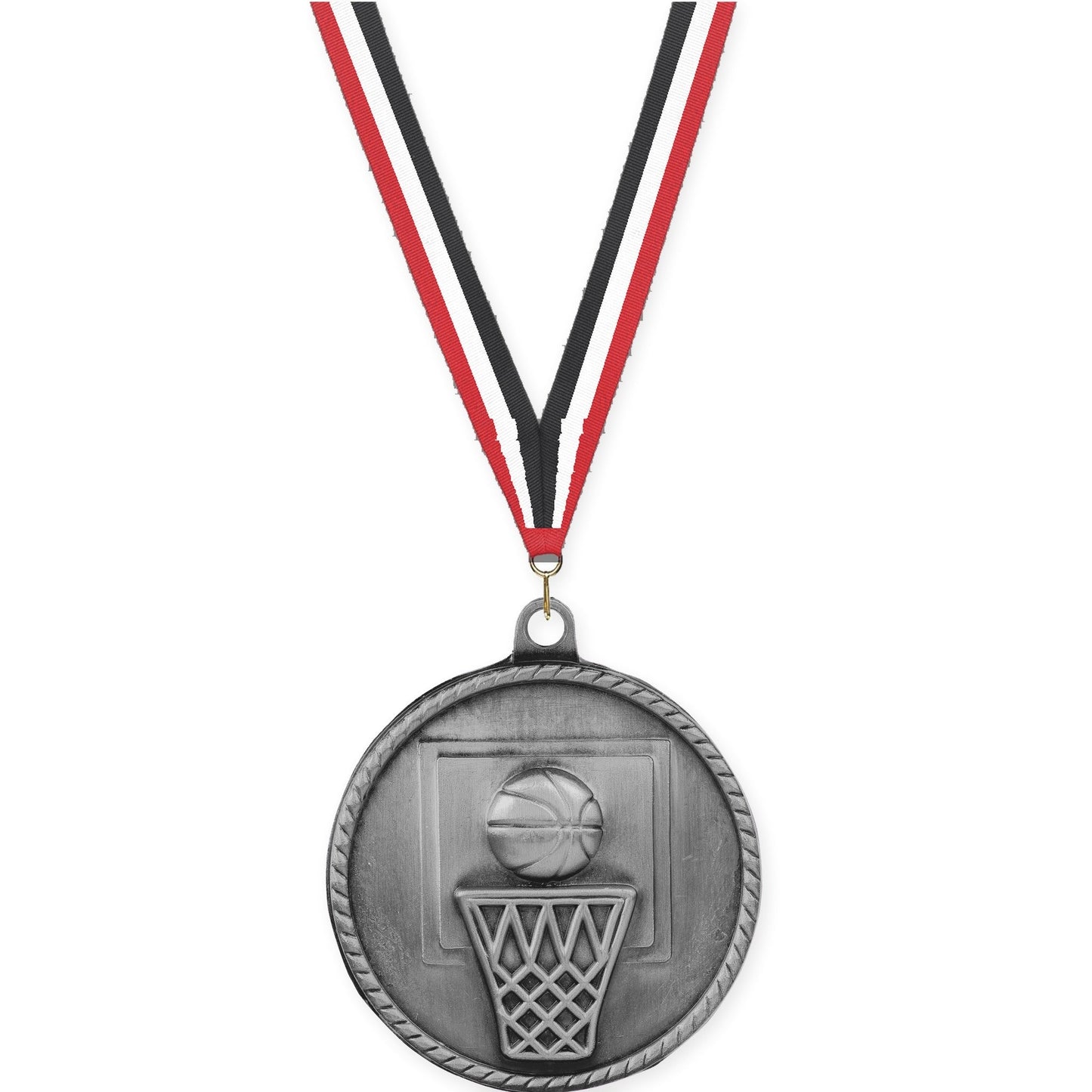 2 inch basketball High Relief medal in antique silver with Red White Black neck ribbon