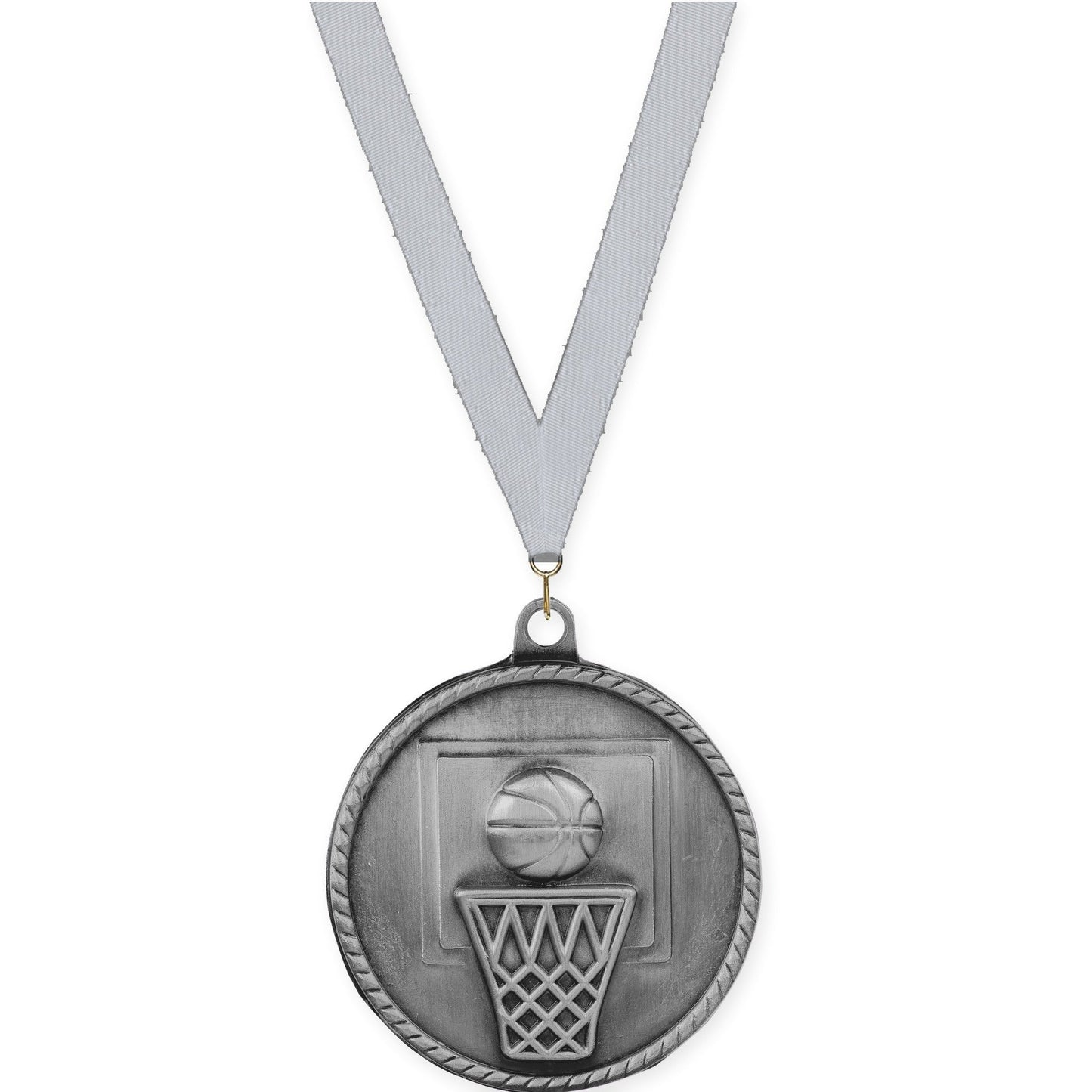 2 inch basketball High Relief medal in antique silver with Silver Metallic neck ribbon