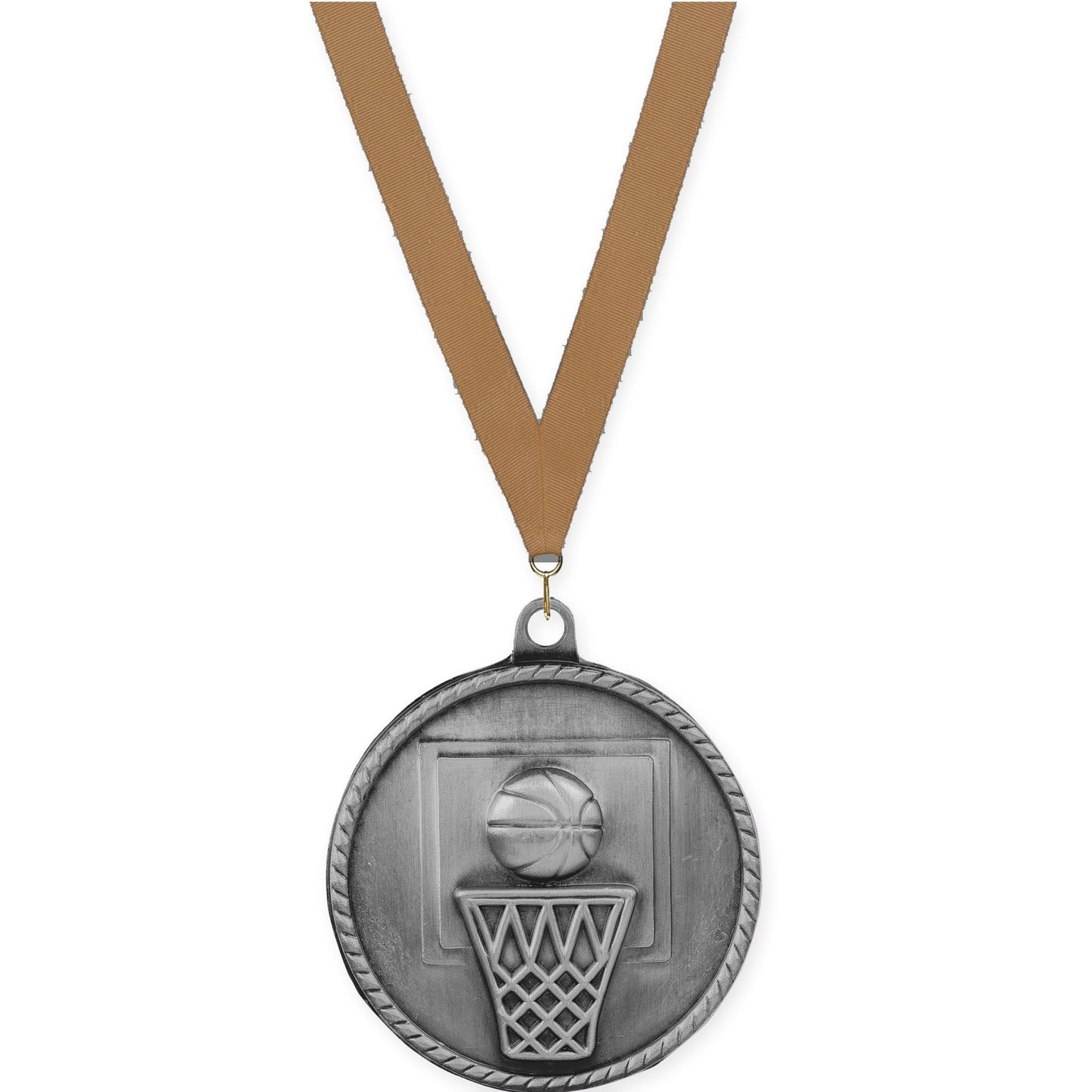 2 inch basketball High Relief medal in antique silver with Bronze Metallic neck ribbon