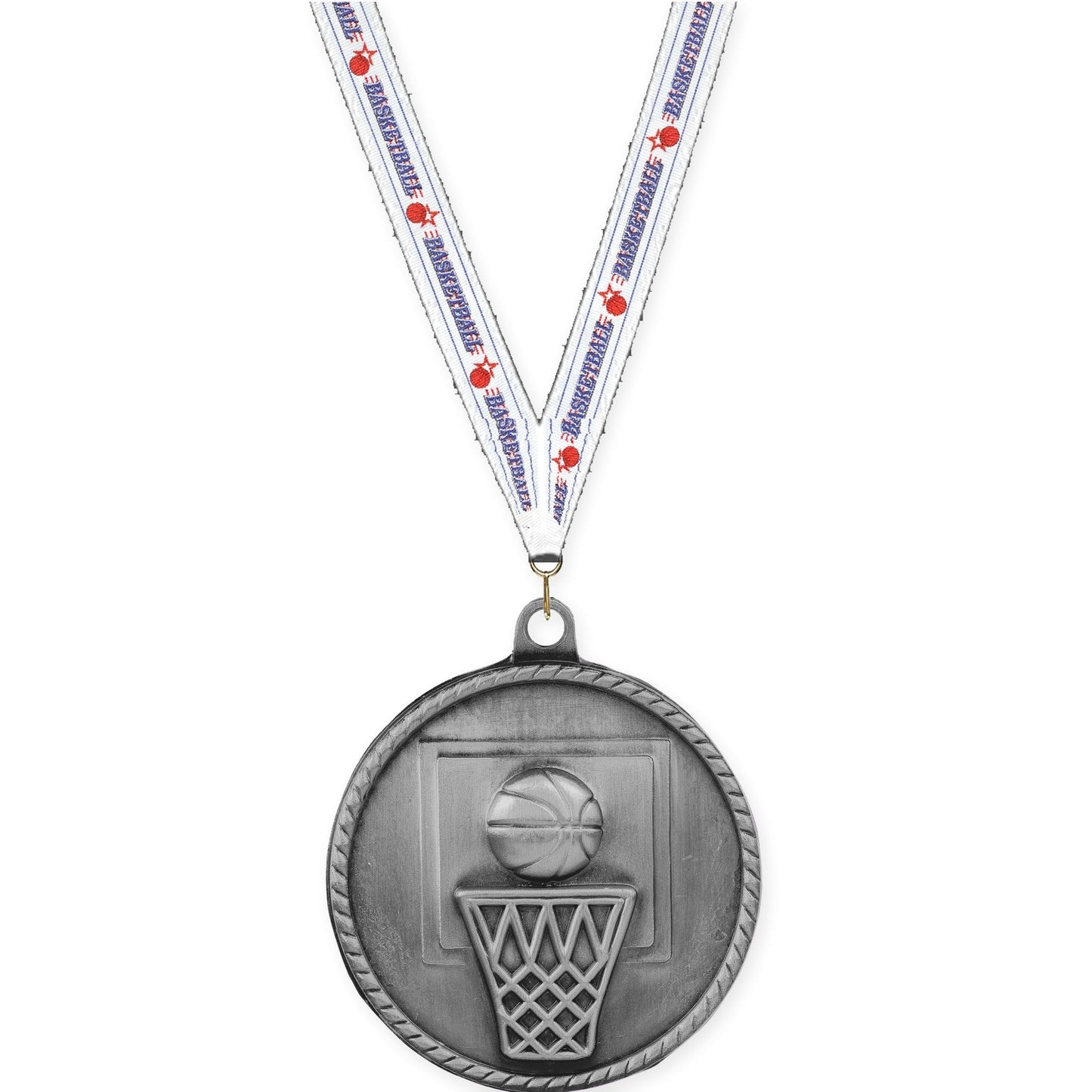 2 inch basketball High Relief medal in antique silver with Basketball neck ribbon