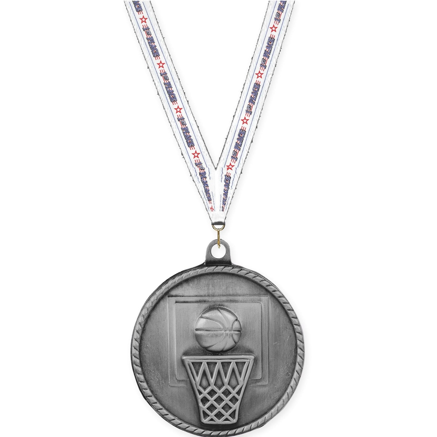 2 inch basketball High Relief medal in antique silver with 1st Place neck ribbon
