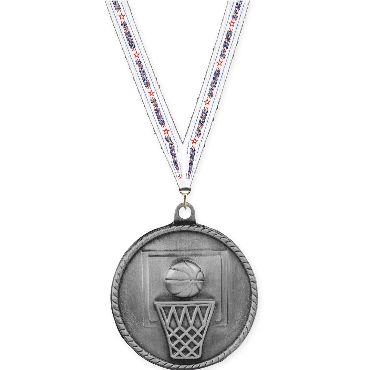 2 inch basketball High Relief medal in antique silver with 2nd Place neck ribbon