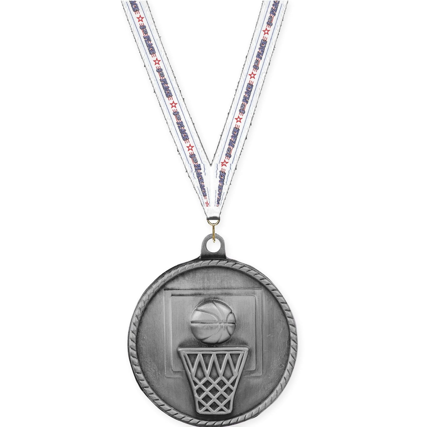 2 inch basketball High Relief medal in antique silver with 3rd Place neck ribbon