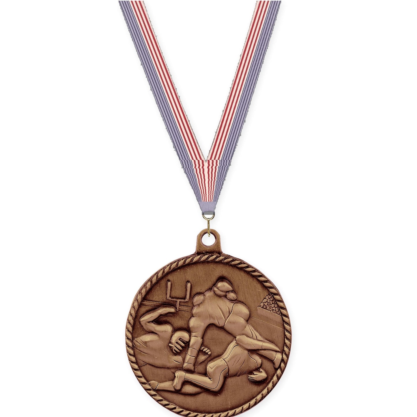 2 inch football High Relief medal in antique bronze with USA Flag neck ribbon