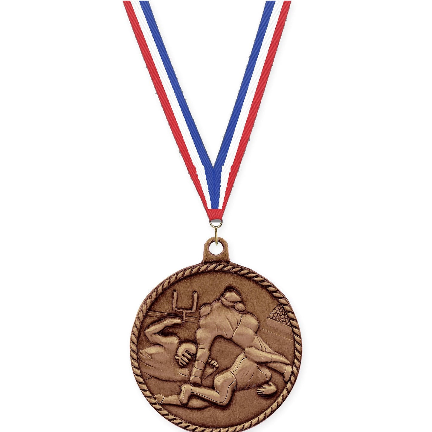 2 inch football High Relief medal in antique bronze with Red White Blue neck ribbon