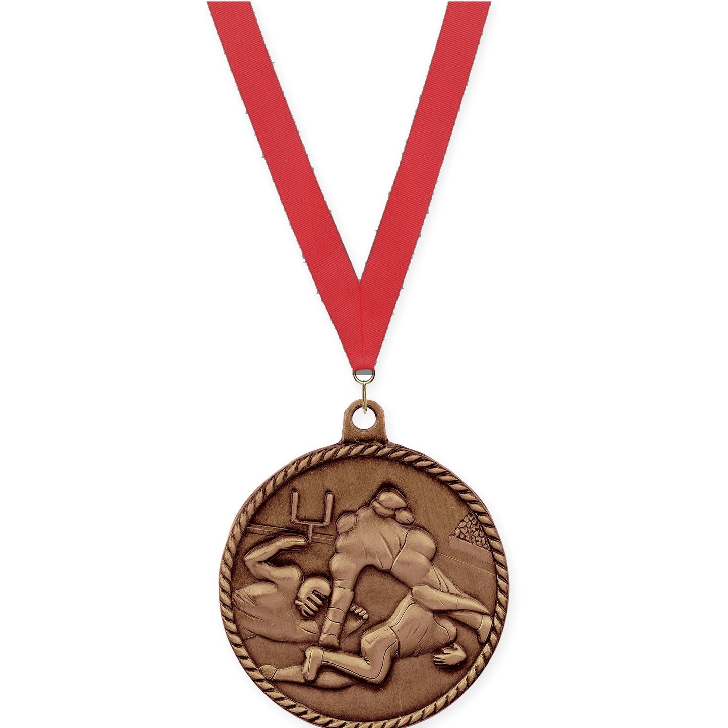 2 inch football High Relief medal in antique bronze with Red neck ribbon