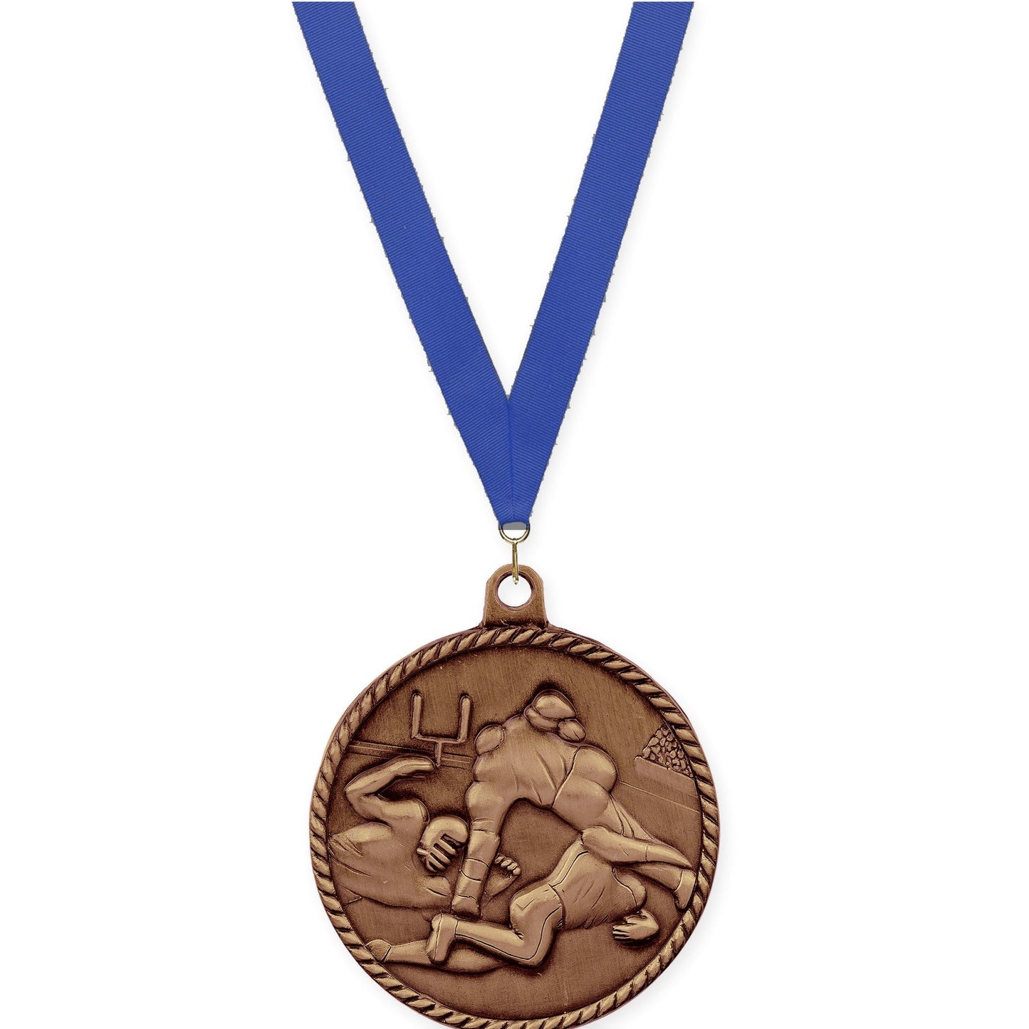 2 inch football High Relief medal in antique bronze with Blue neck ribbon