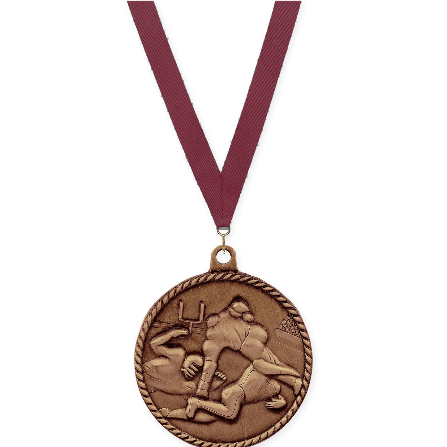 2 inch football High Relief medal in antique bronze with Maroon neck ribbon