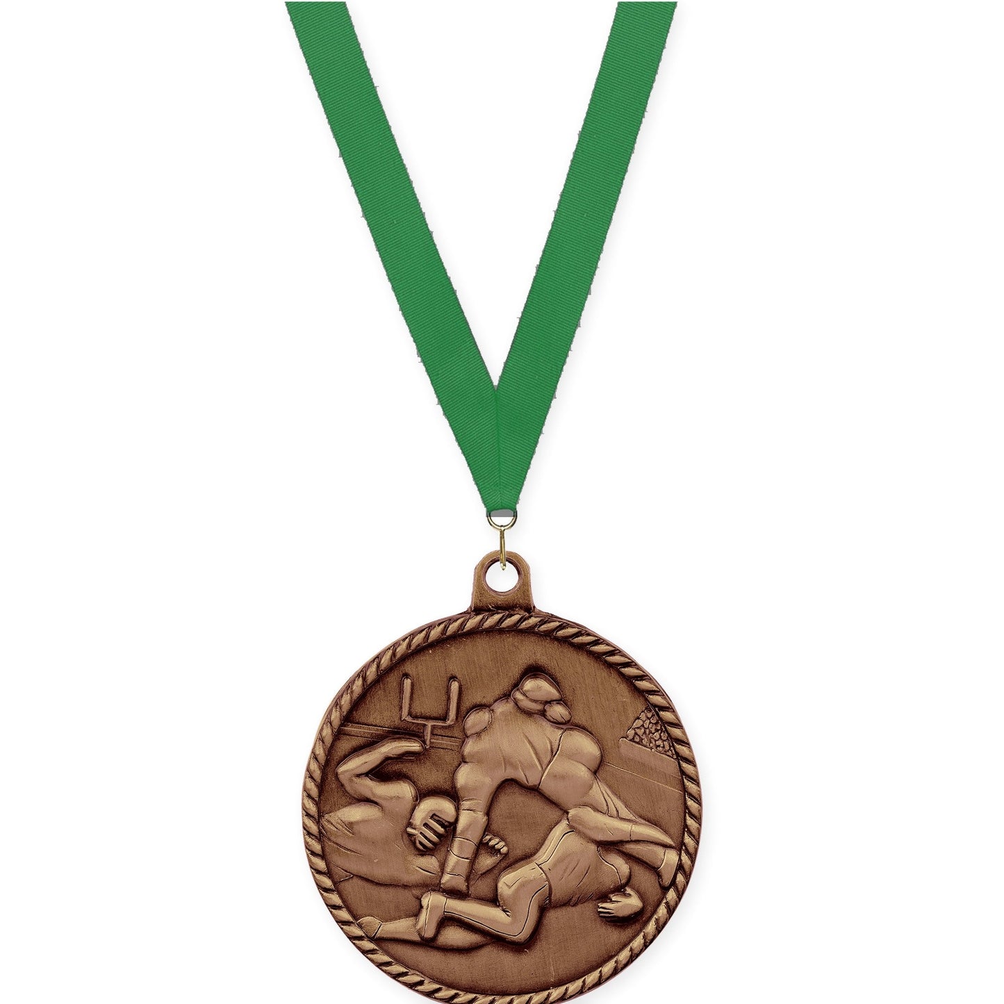 2 inch football High Relief medal in antique bronze with Green neck ribbon