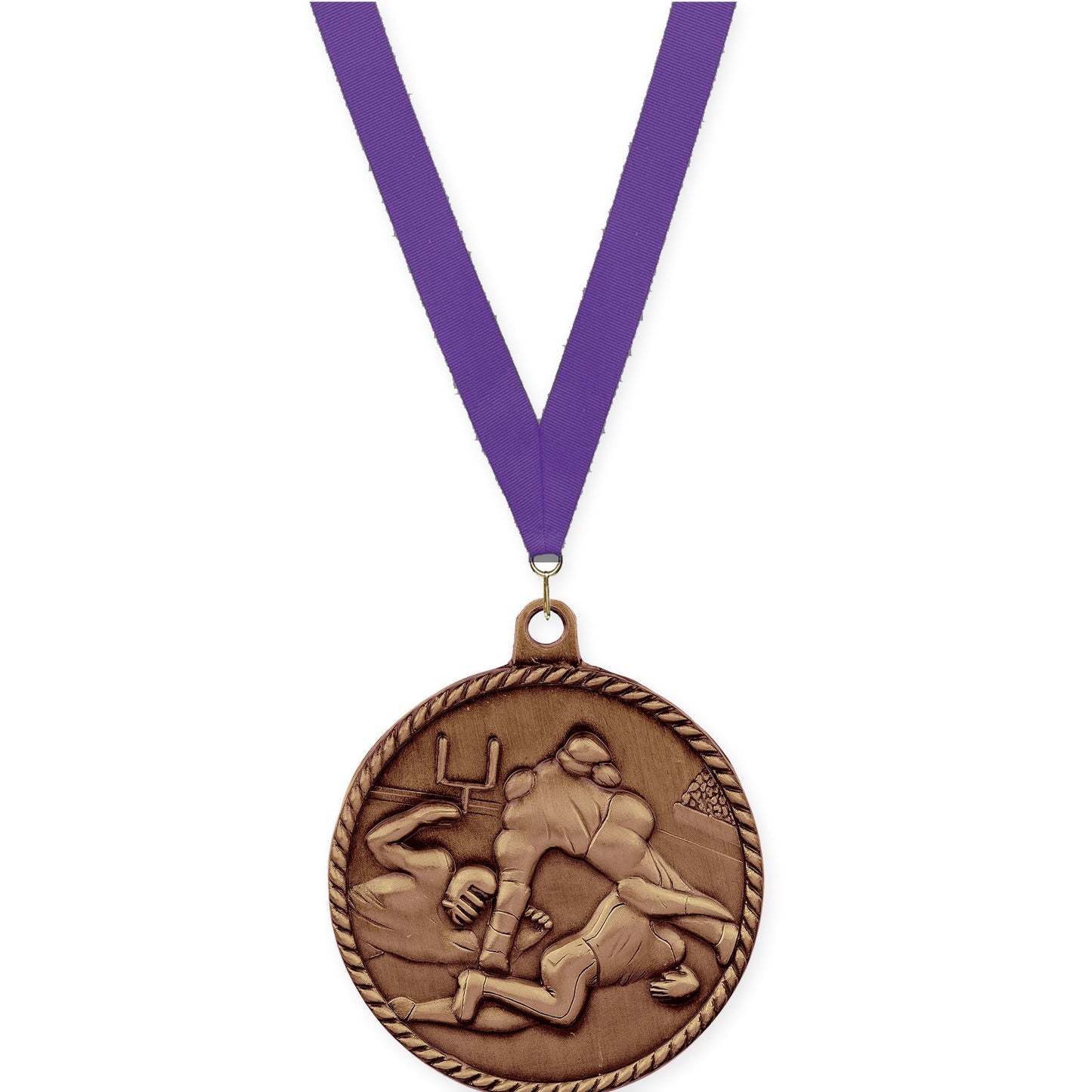 2 inch football High Relief medal in antique bronze with Purple neck ribbon