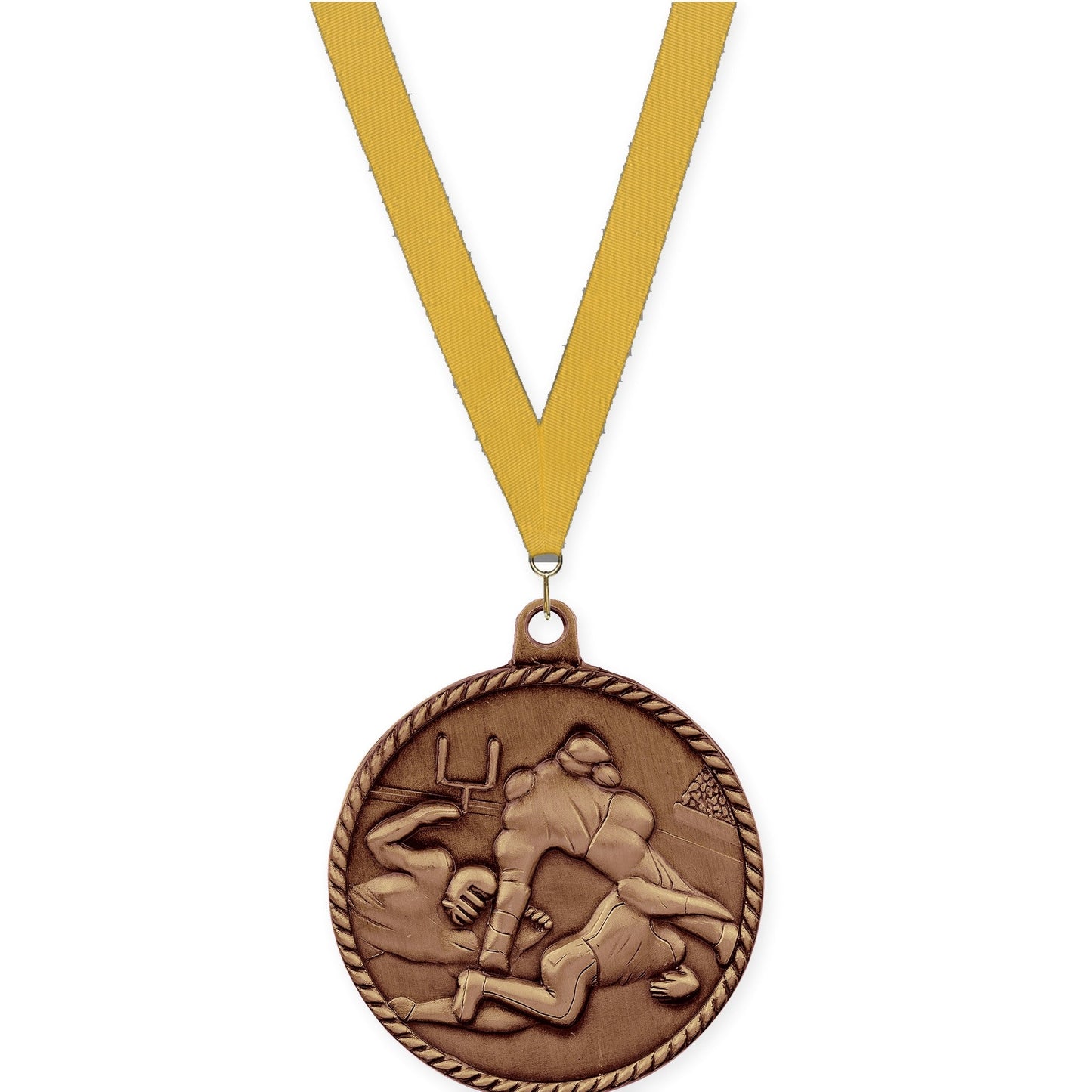 2 inch football High Relief medal in antique bronze with Gold neck ribbon