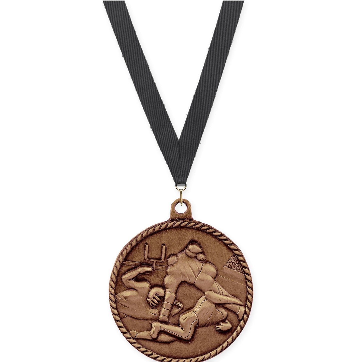 2 inch football High Relief medal in antique bronze with Black neck ribbon