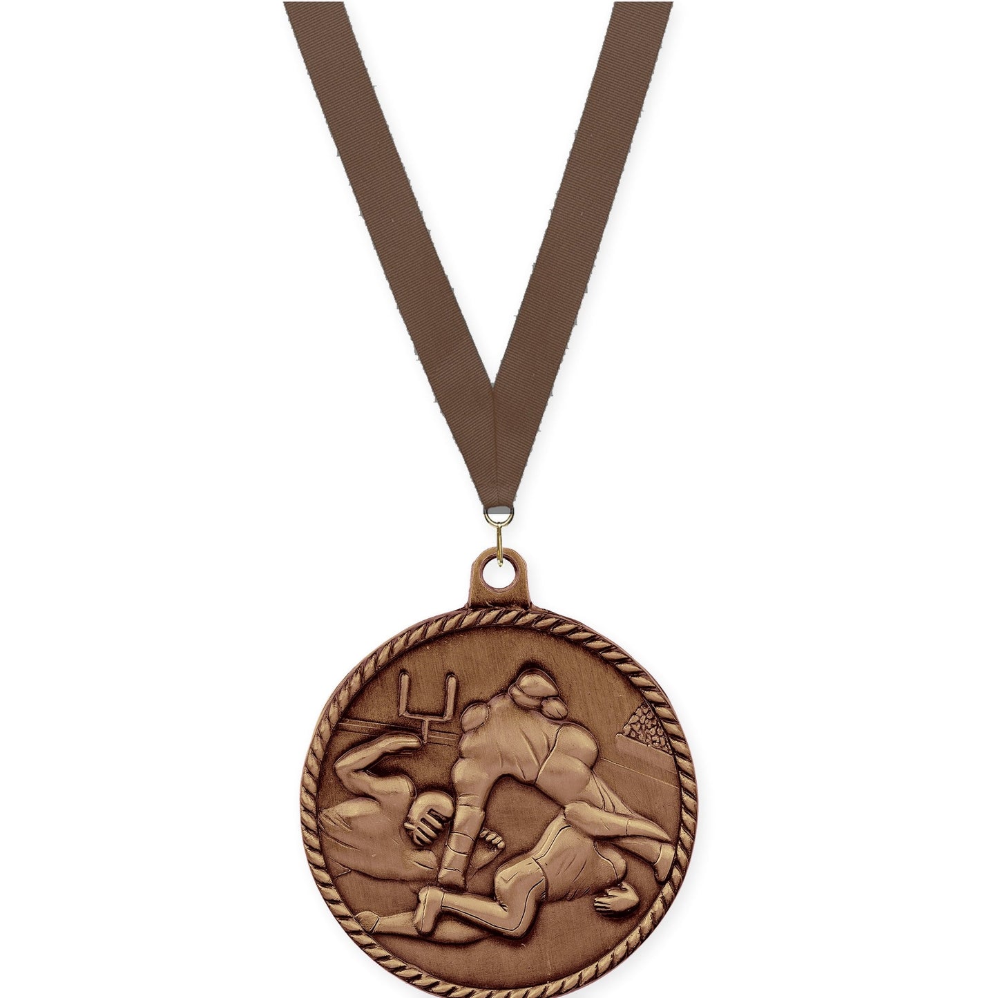 2 inch football High Relief medal in antique bronze with Brown neck ribbon