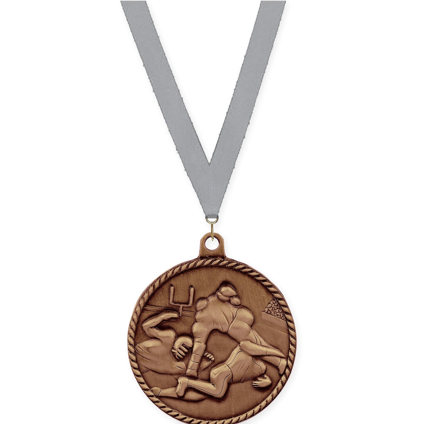 2 inch football High Relief medal in antique bronze with Gray neck ribbon