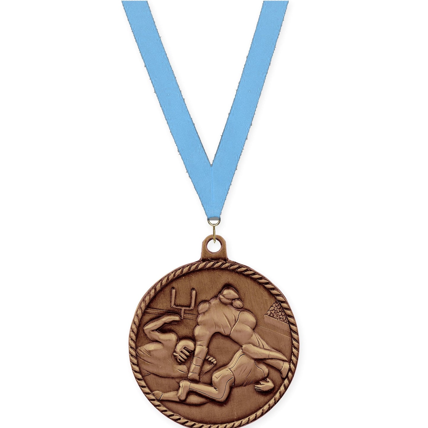 2 inch football High Relief medal in antique bronze with Light Blue neck ribbon