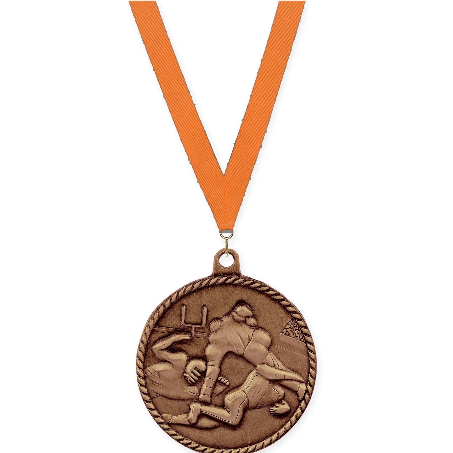 2 inch football High Relief medal in antique bronze with Orange neck ribbon