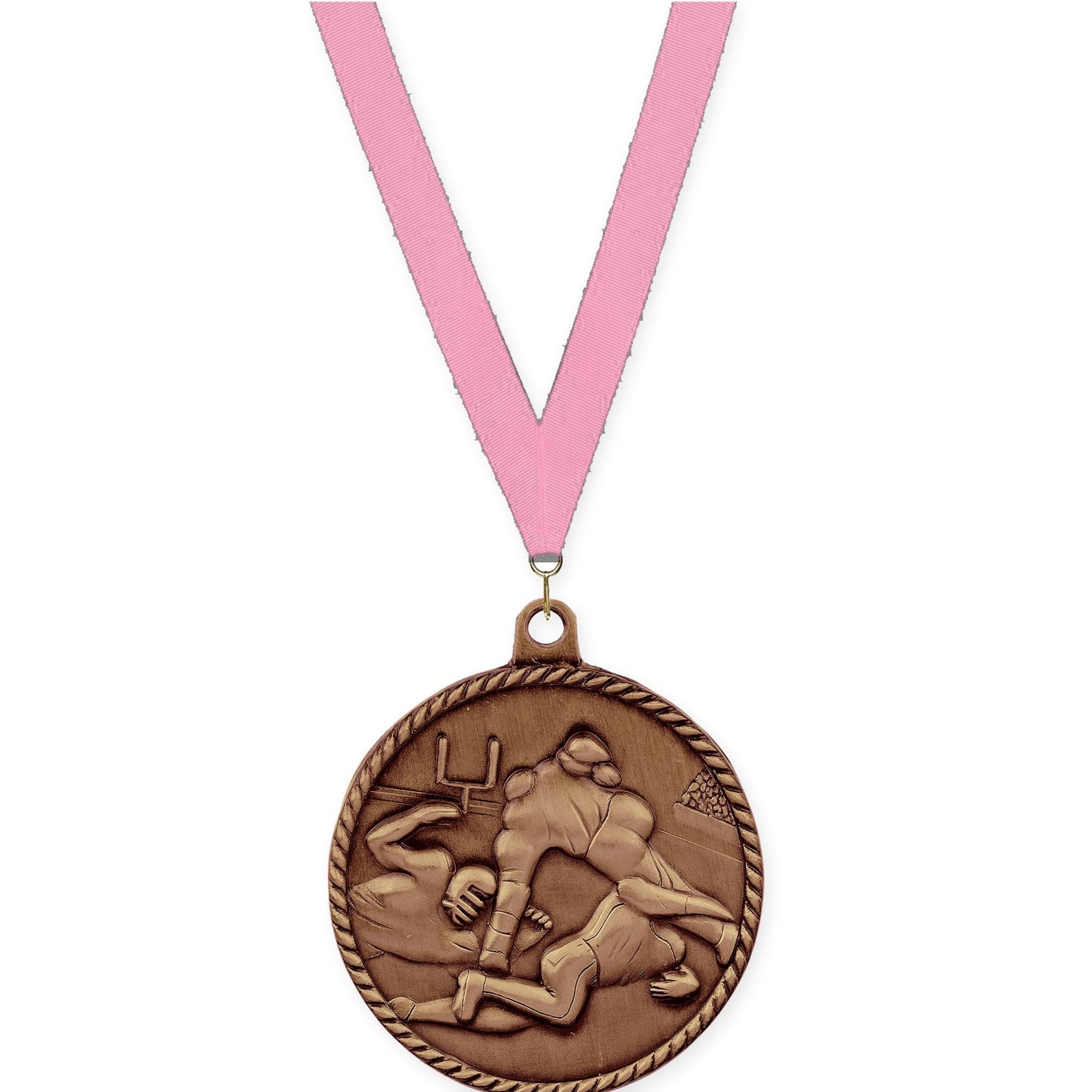 2 inch football High Relief medal in antique bronze with Pink neck ribbon