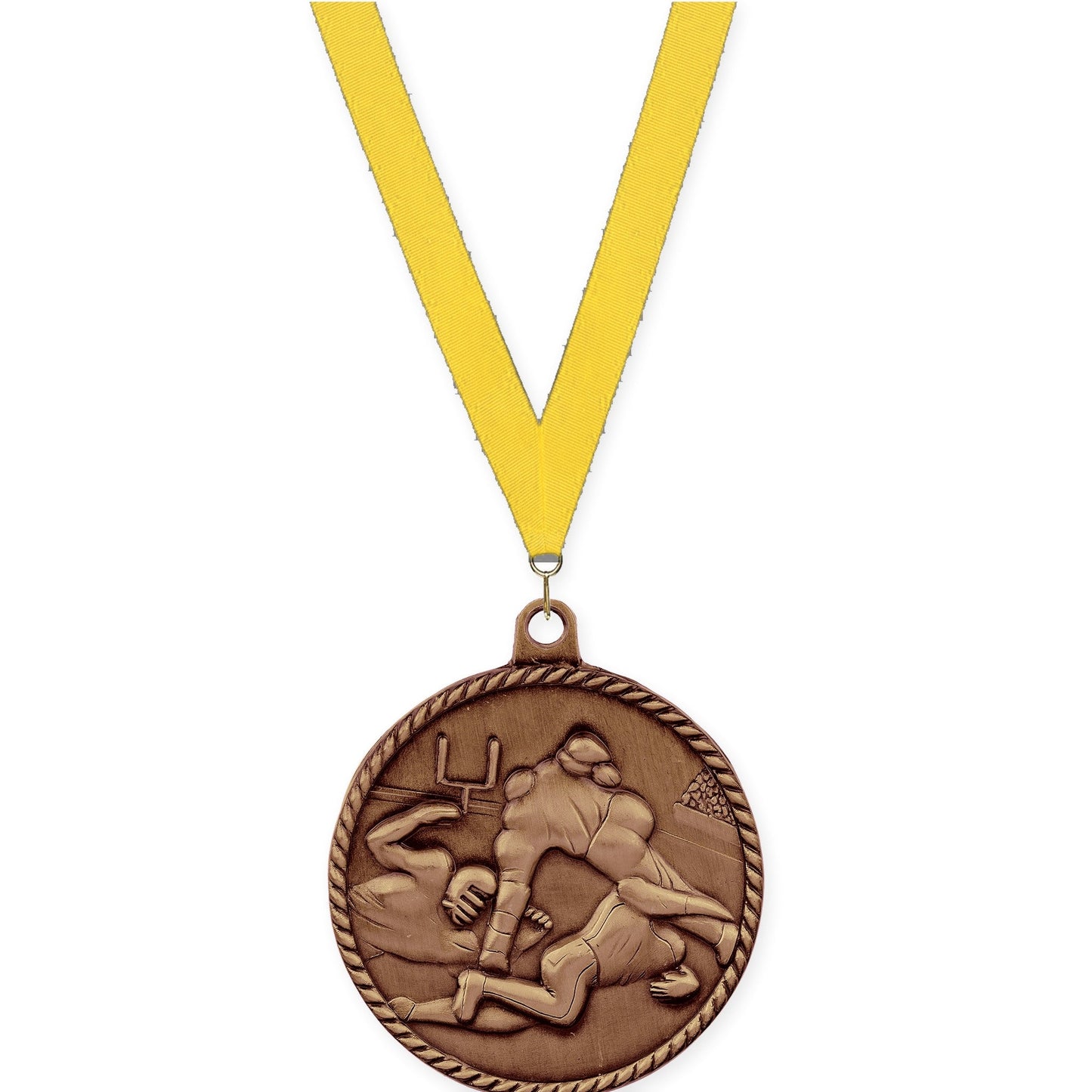 2 inch football High Relief medal in antique bronze with Yellow neck ribbon