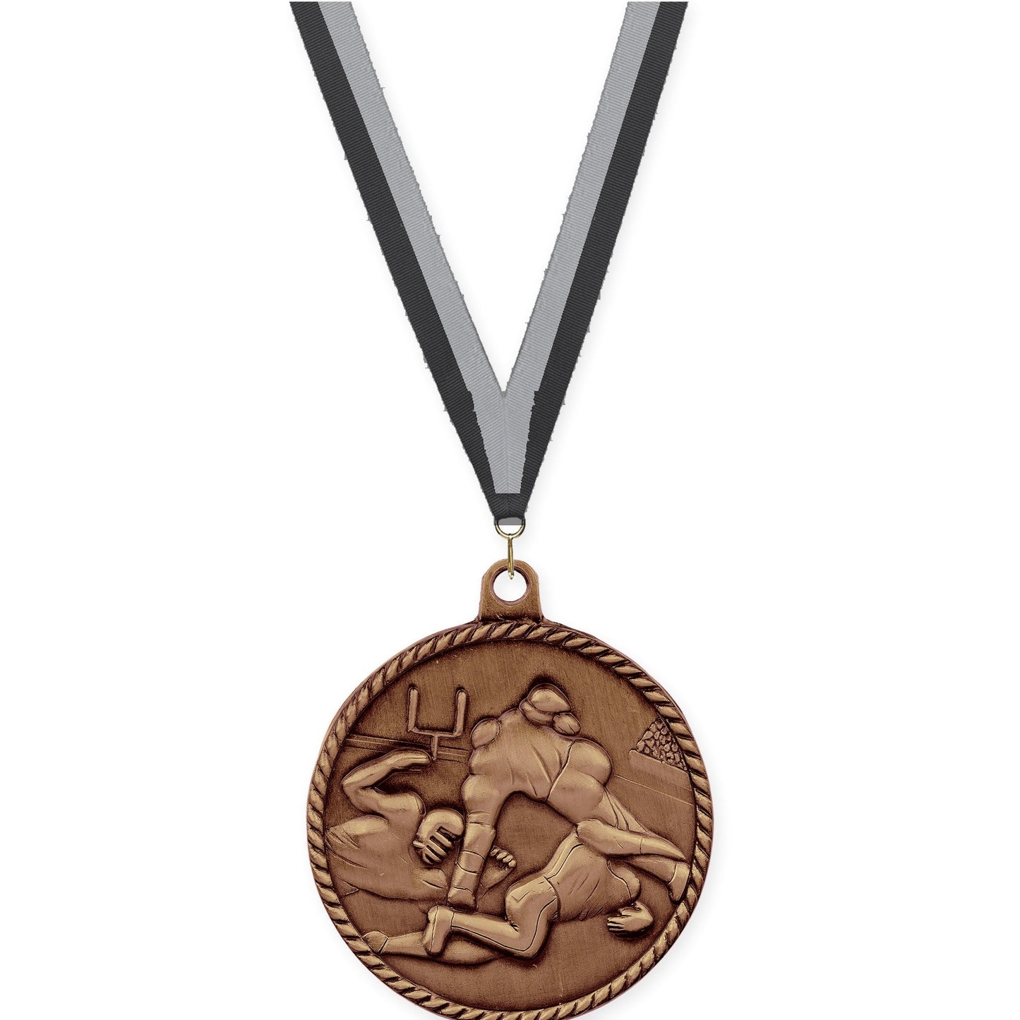 2 inch football High Relief medal in antique bronze with Black Gray neck ribbon