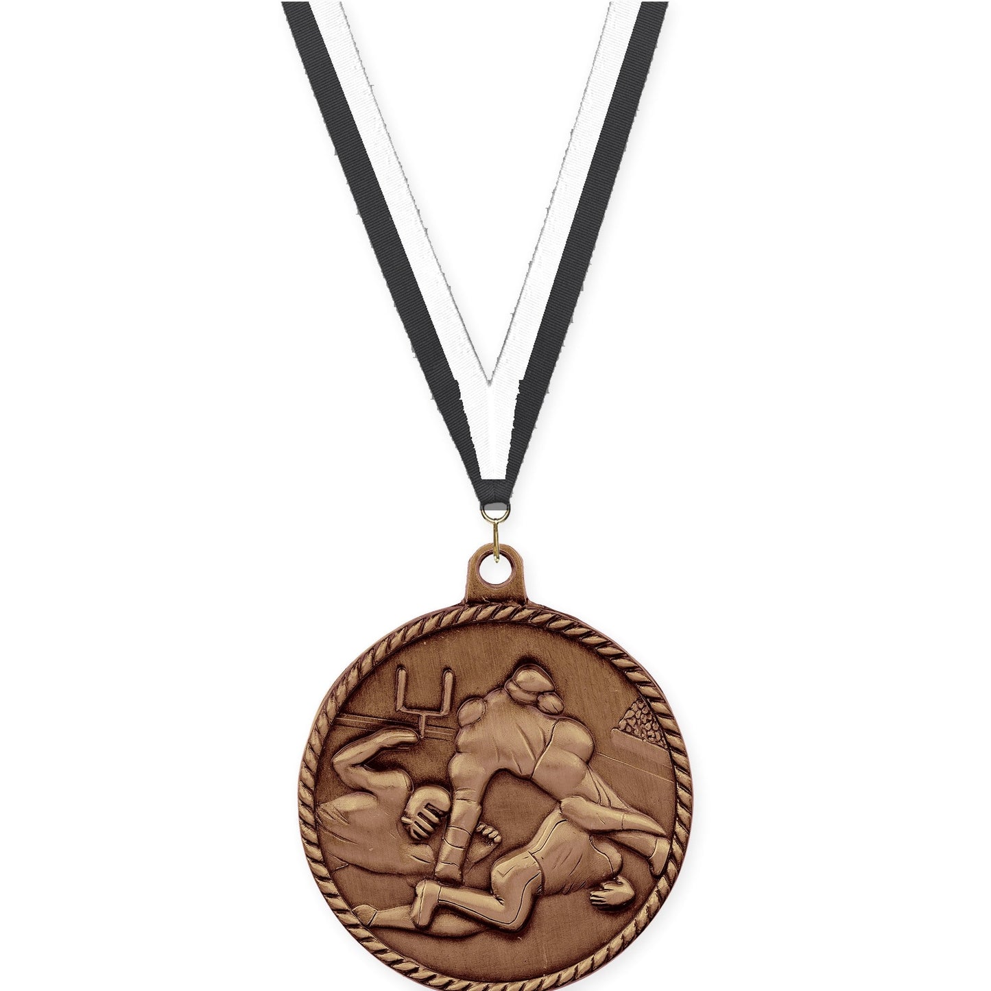 2 inch football High Relief medal in antique bronze with Black White neck ribbon