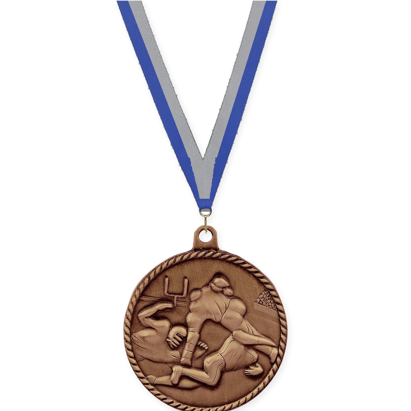 2 inch football High Relief medal in antique bronze with Blue Gray neck ribbon