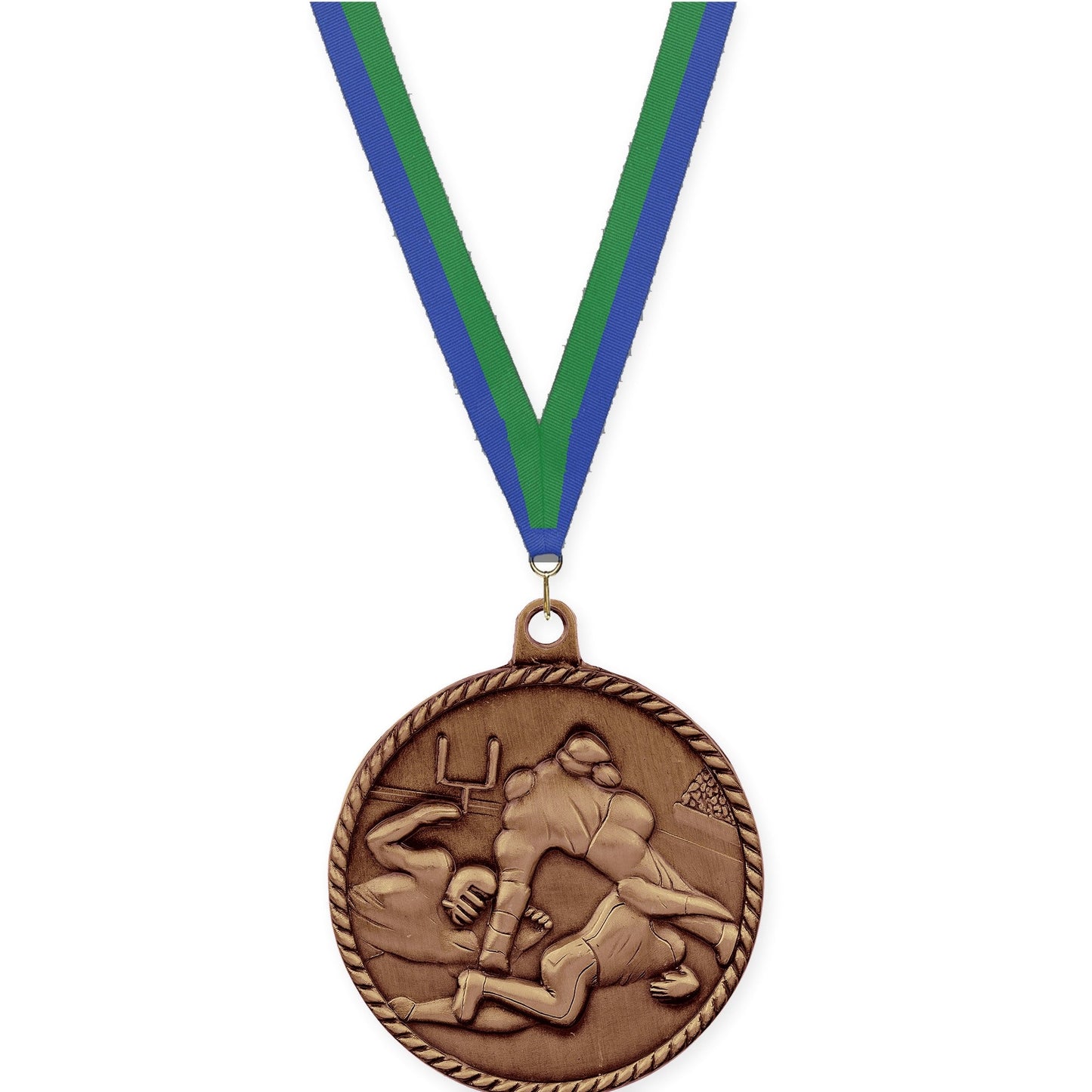 2 inch football High Relief medal in antique bronze with Blue Green neck ribbon