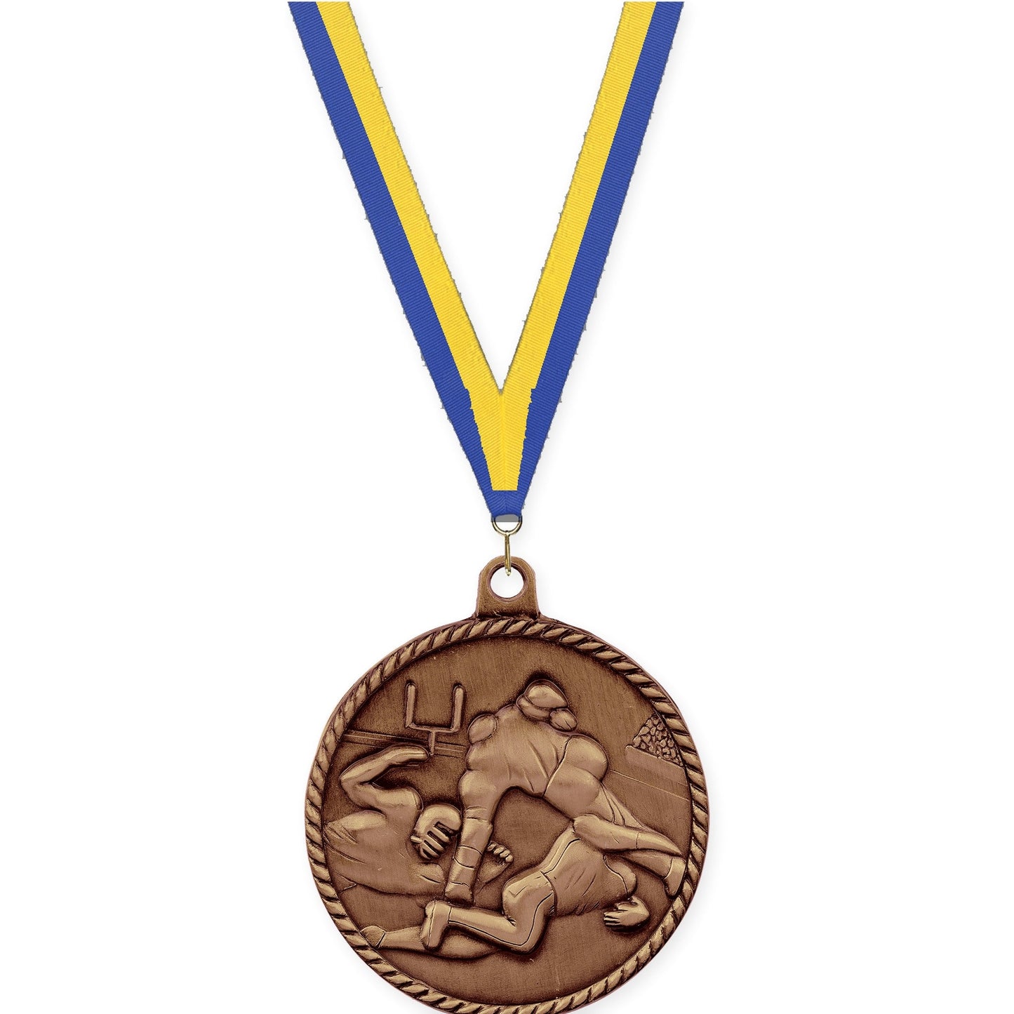 2 inch football High Relief medal in antique bronze with Blue Yellow neck ribbon
