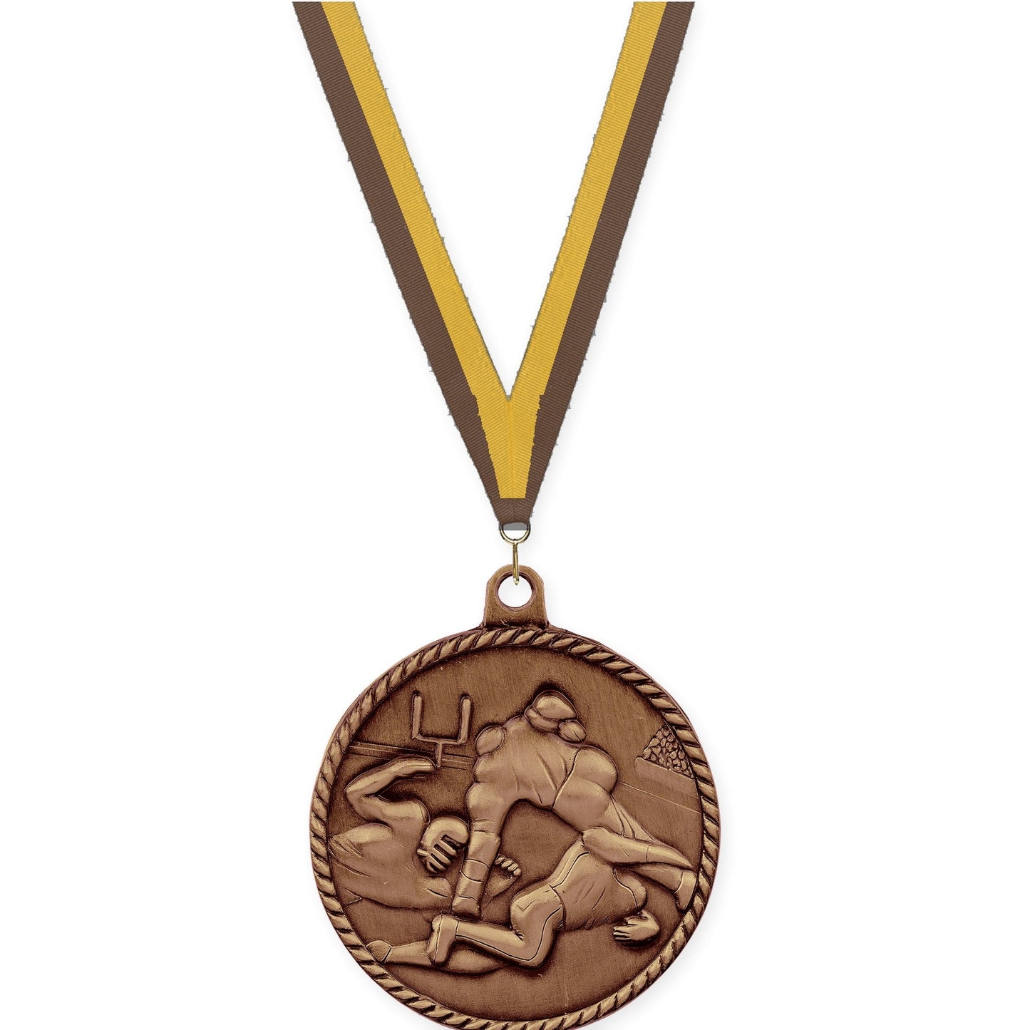 2 inch football High Relief medal in antique bronze with Brown Gold neck ribbon