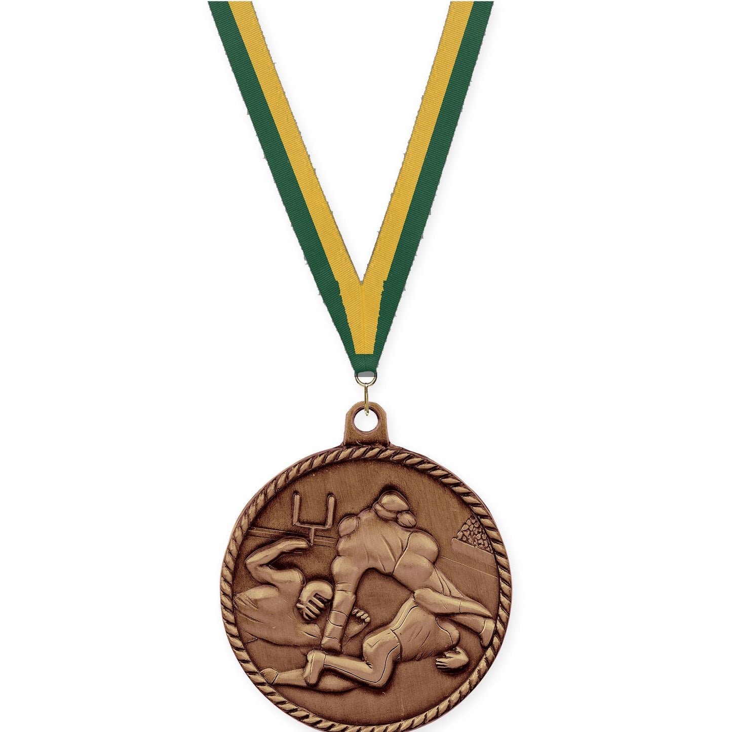 2 inch football High Relief medal in antique bronze with Hunter Green Gold neck ribbon