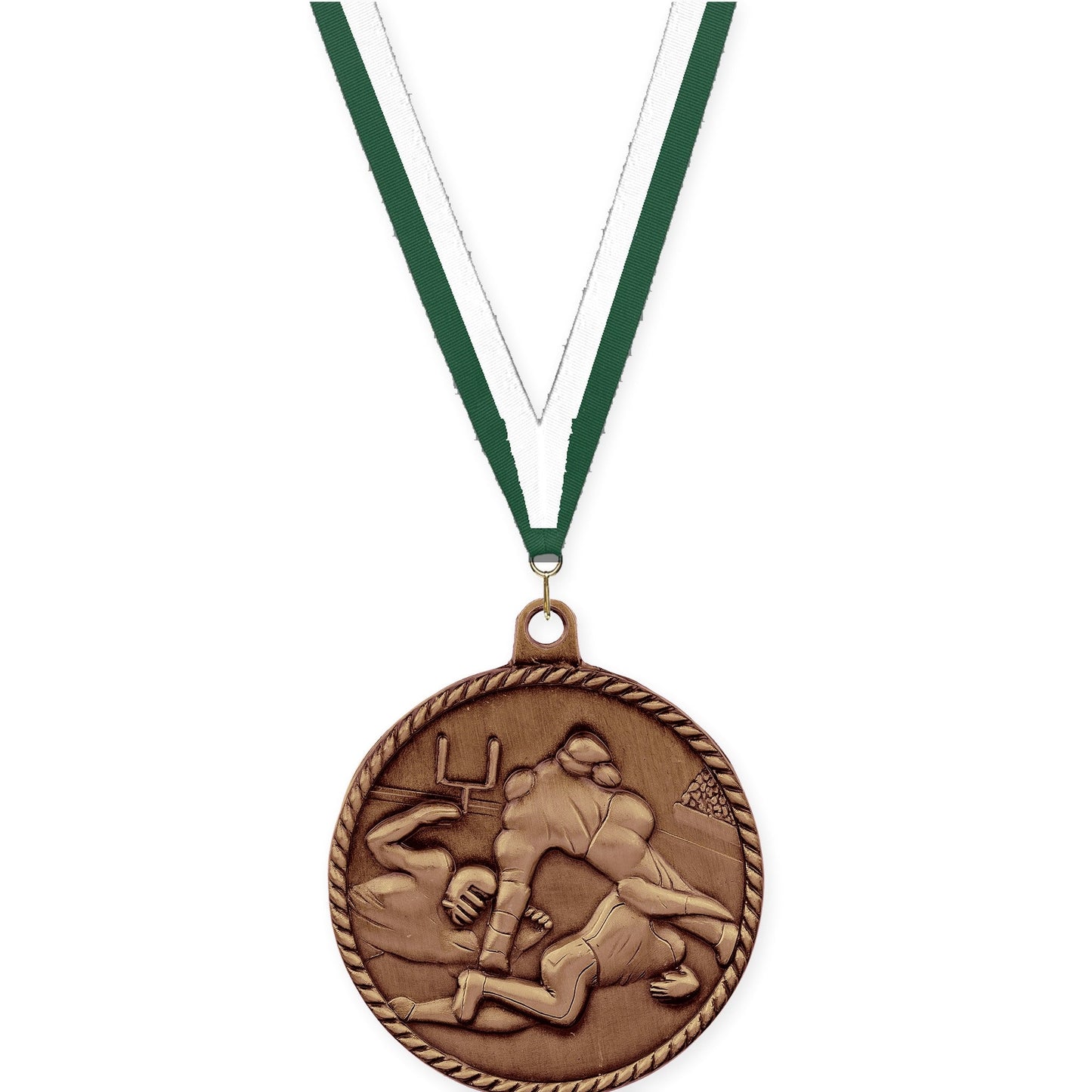 2 inch football High Relief medal in antique bronze with Hunter Green White neck ribbon