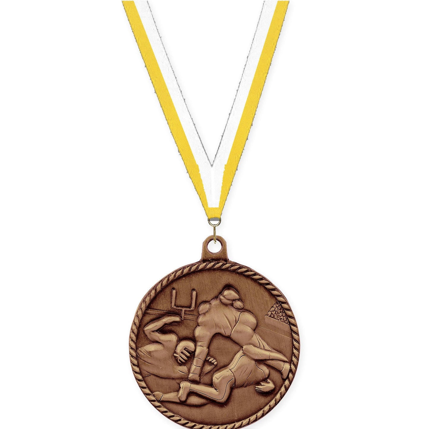 2 inch football High Relief medal in antique bronze with Yellow White neck ribbon