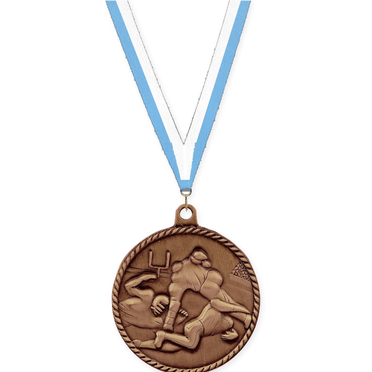 2 inch football High Relief medal in antique bronze with Light Blue White neck ribbon