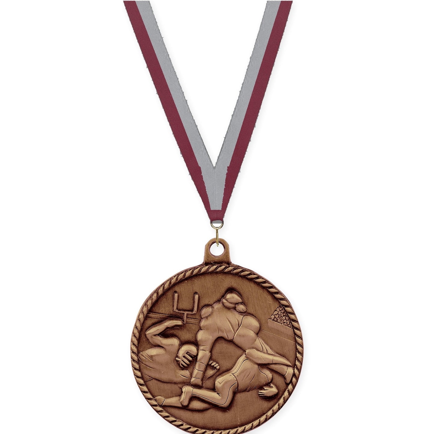 2 inch football High Relief medal in antique bronze with Maroon Gray neck ribbon