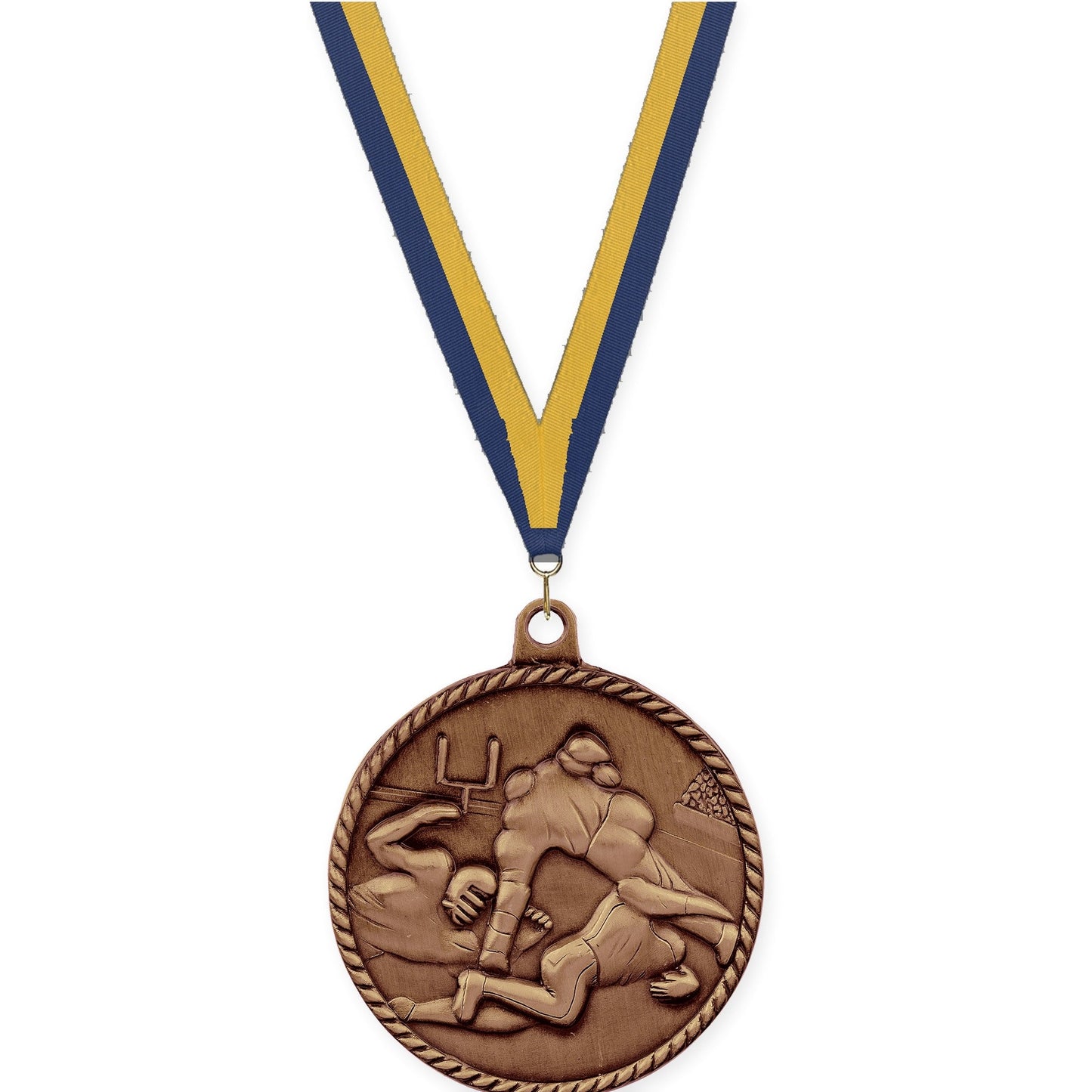 2 inch football High Relief medal in antique bronze with Navy Gold neck ribbon