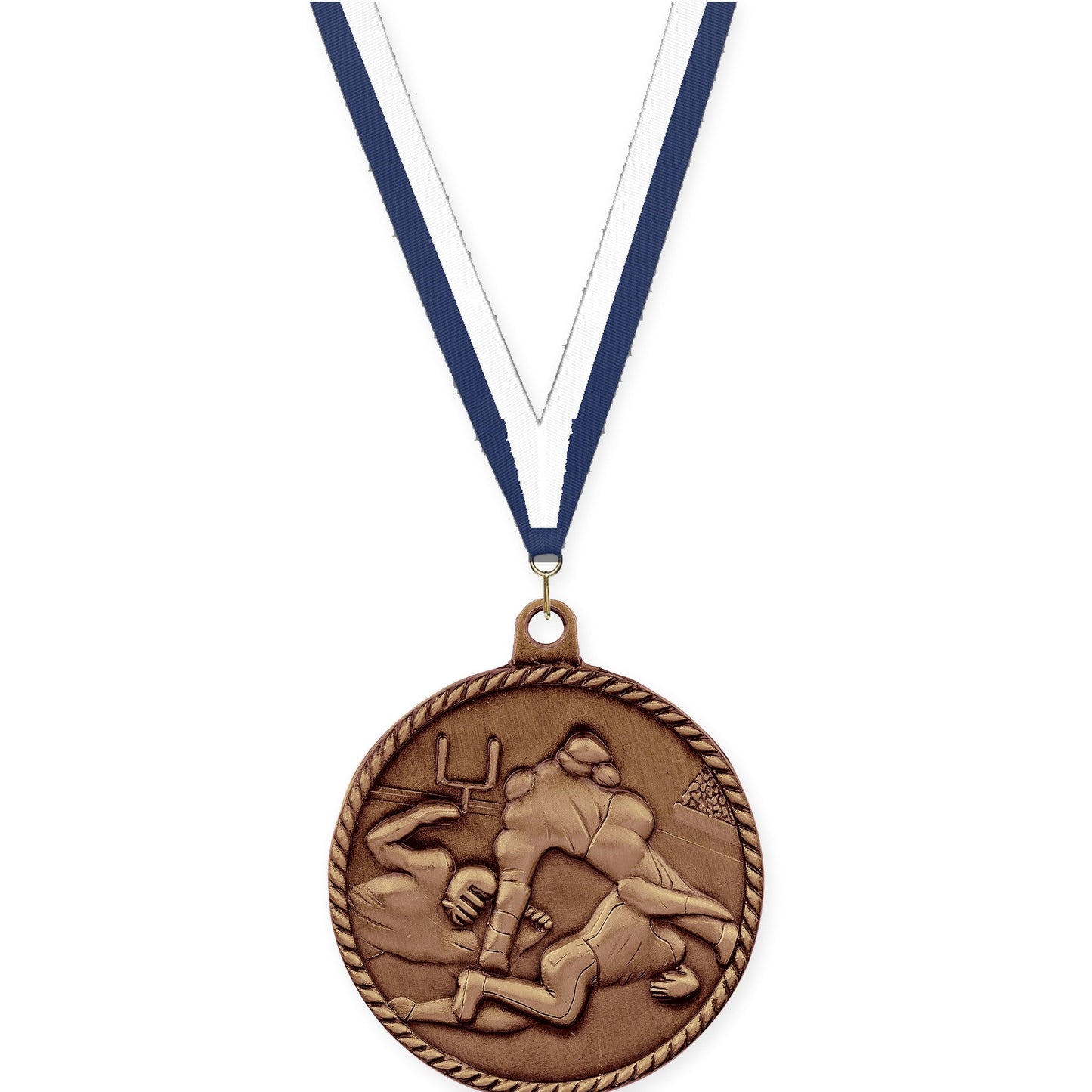 2 inch football High Relief medal in antique bronze with Navy White neck ribbon