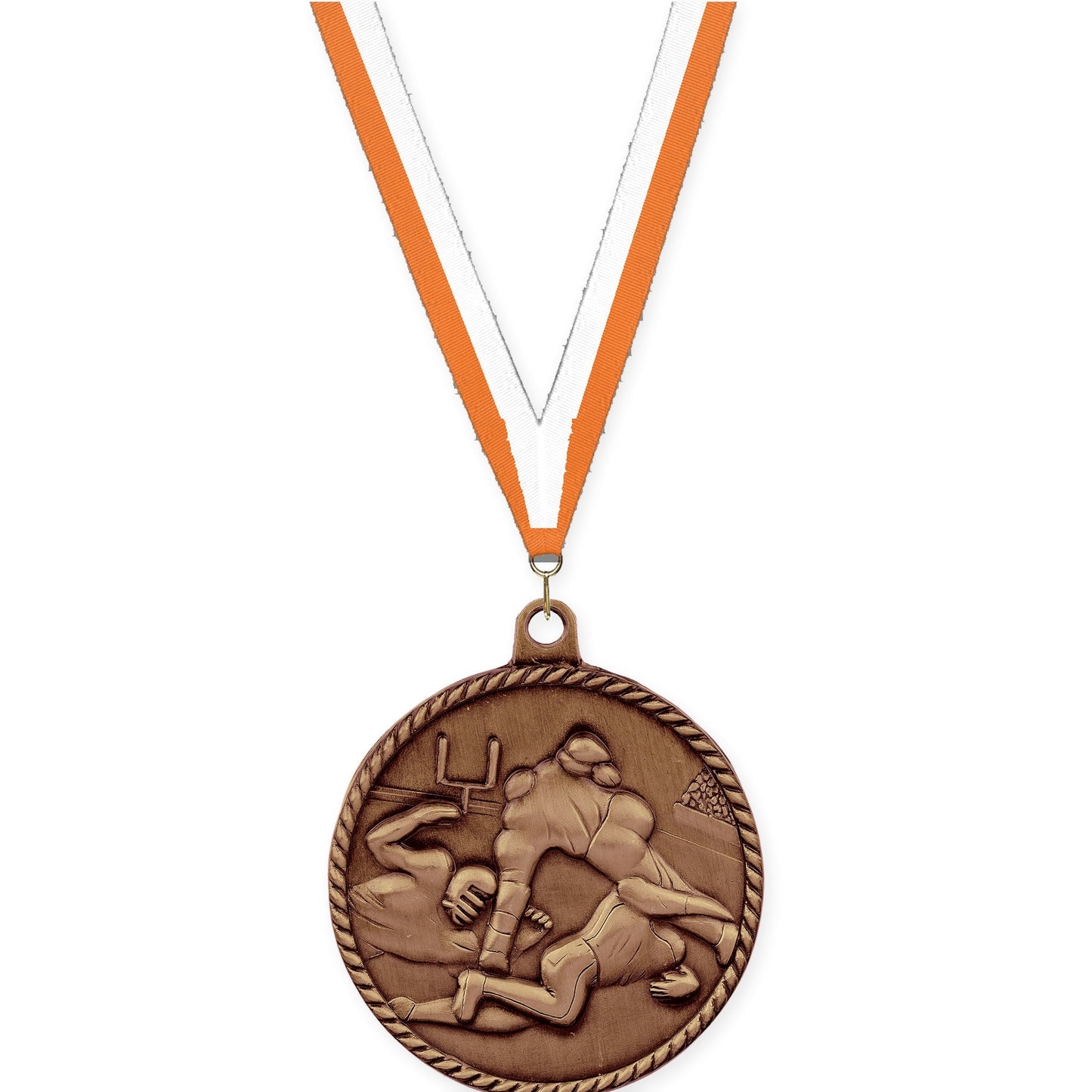 2 inch football High Relief medal in antique bronze with Orange White neck ribbon