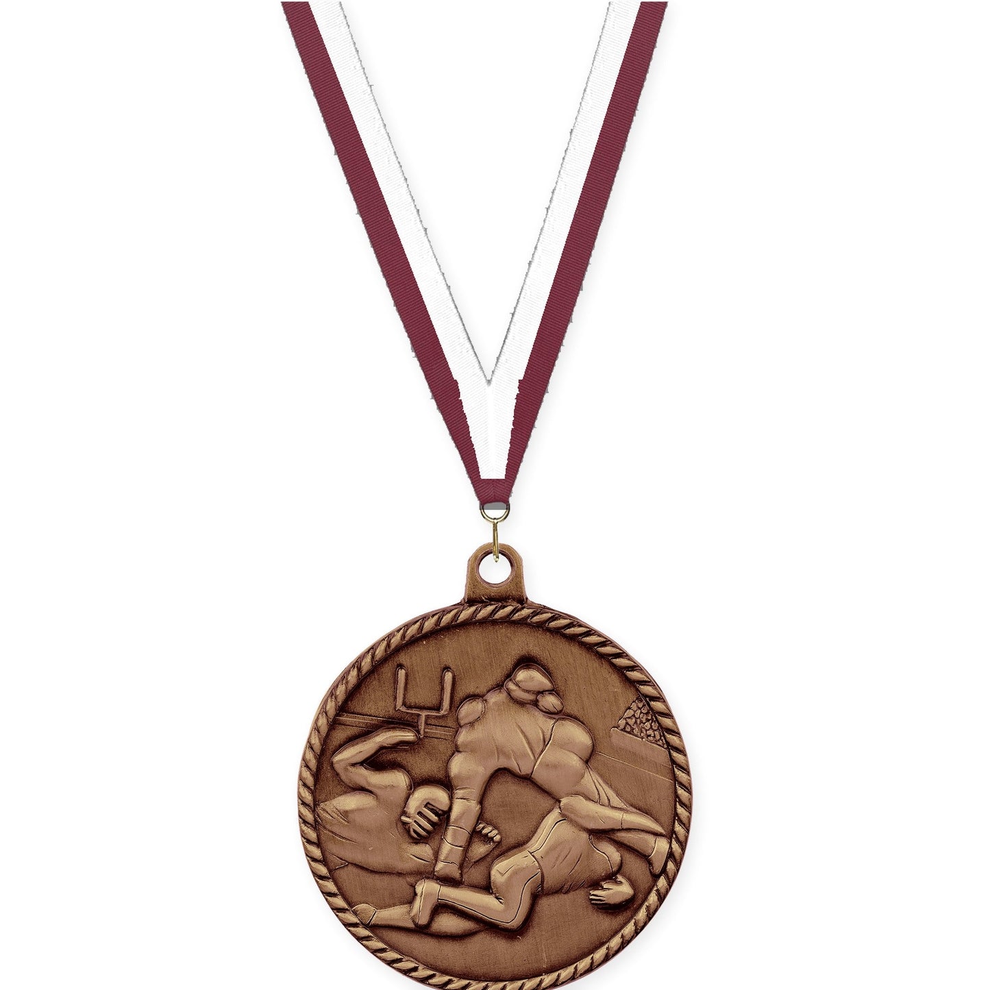 2 inch football High Relief medal in antique bronze with Maroon White neck ribbon