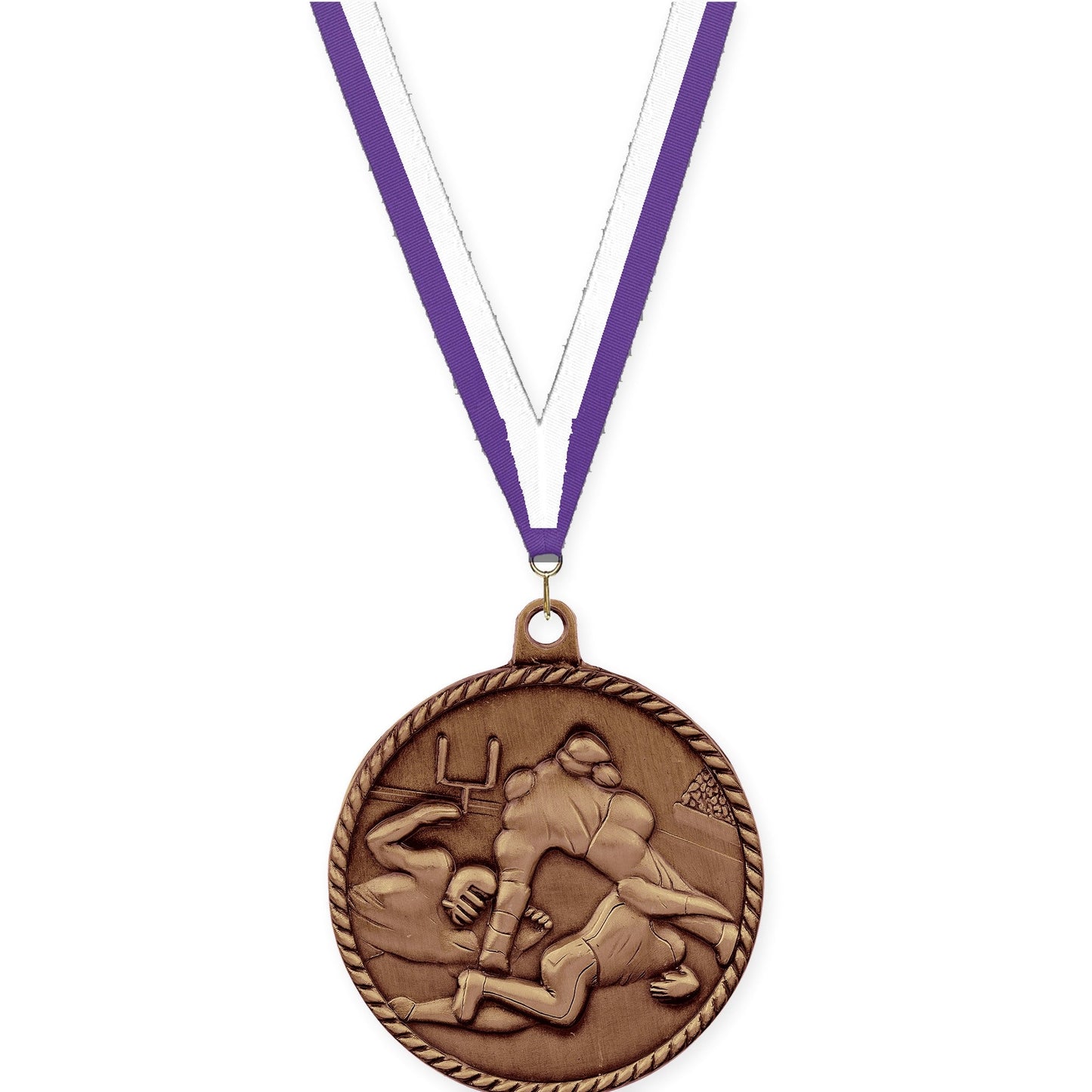 2 inch football High Relief medal in antique bronze with Purple White neck ribbon