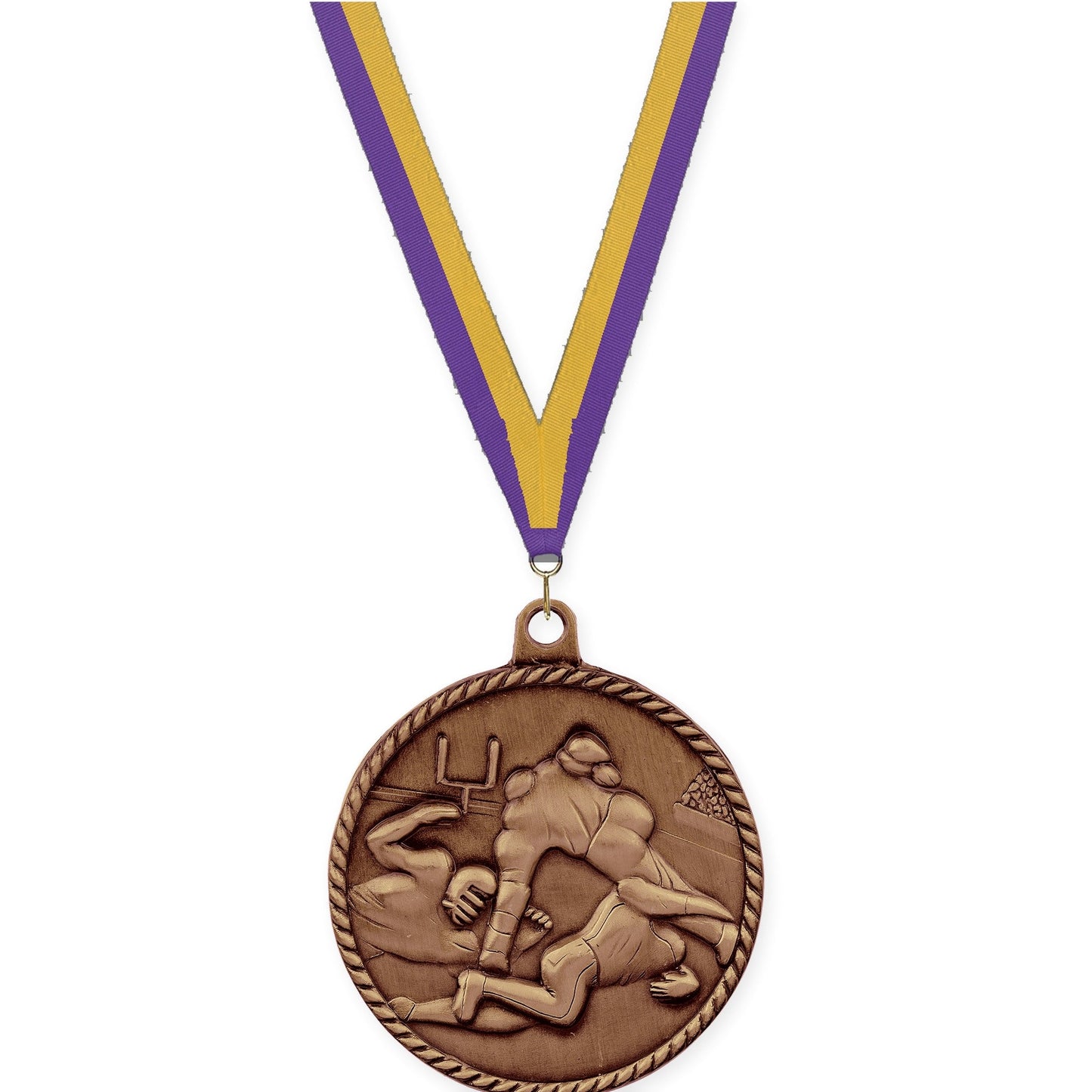 2 inch football High Relief medal in antique bronze with Purple Gold neck ribbon
