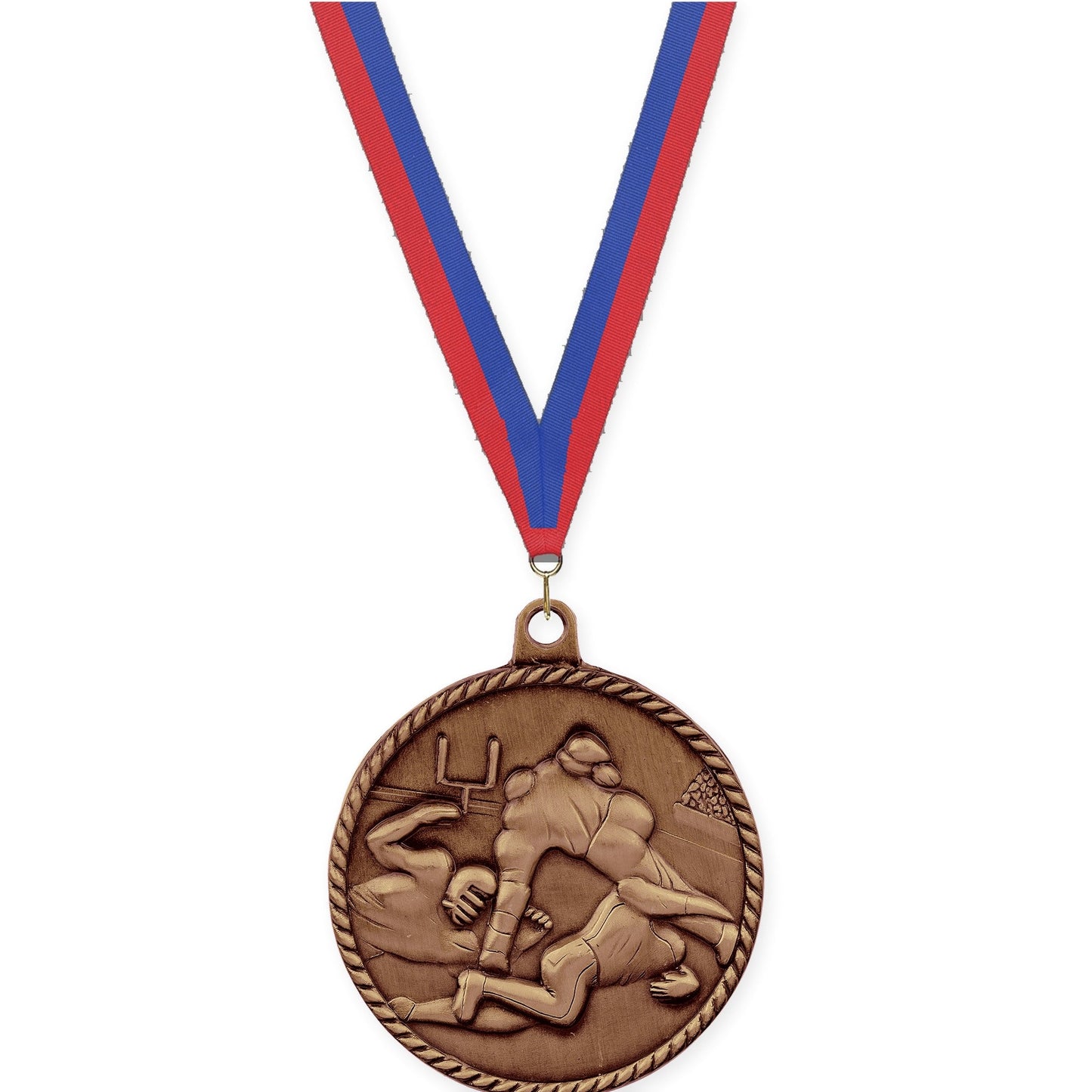 2 inch football High Relief medal in antique bronze with Blue Red neck ribbon