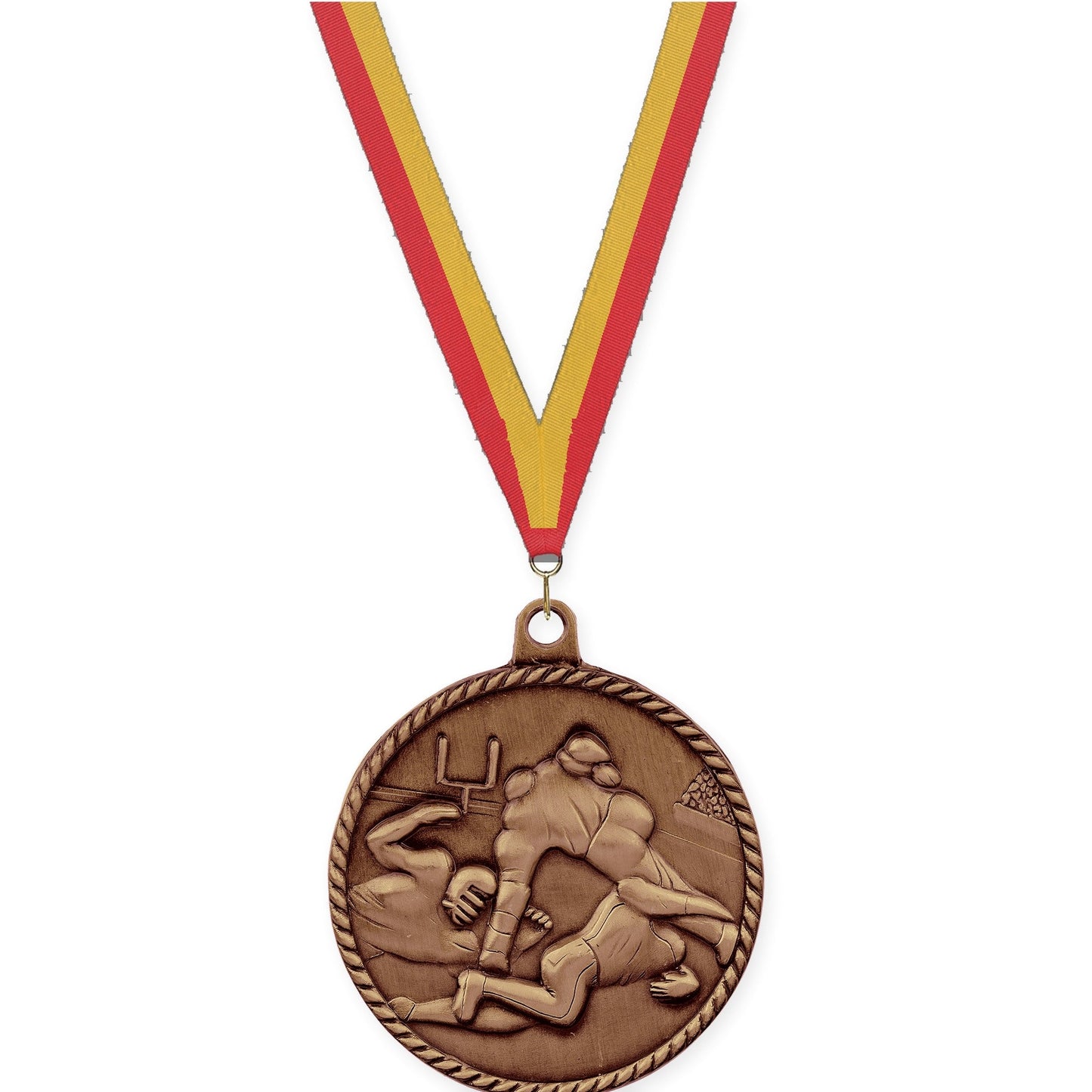 2 inch football High Relief medal in antique bronze with Red Gold neck ribbon